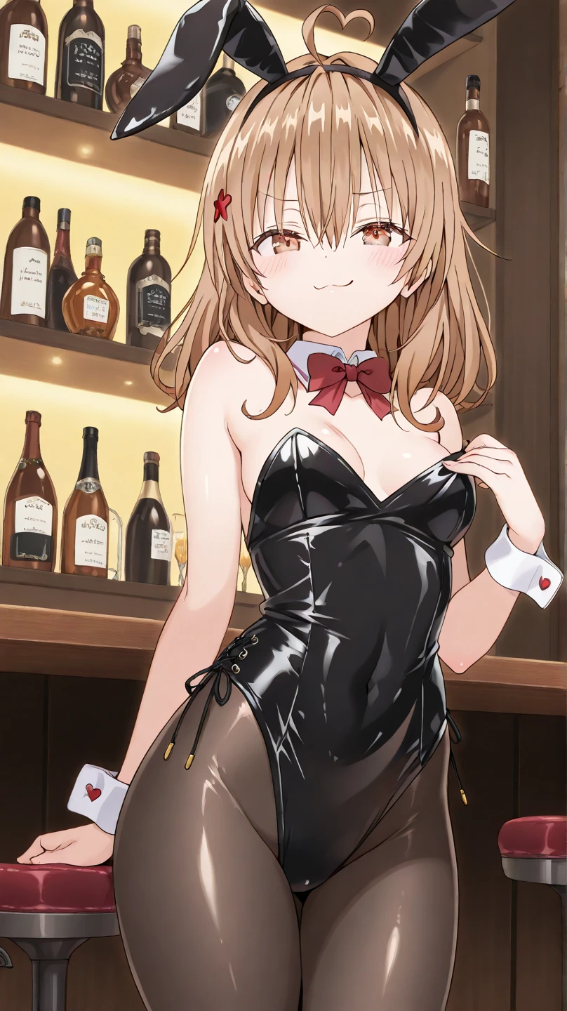 NSFW,masterpiece,Highest quality,High resolution,Very detailed,Madoka Higuchi\(The Idolmaster Shiny Colors\),short hair、Brown Hair、Purple Eyes、hairpin,(See-Through Vinyl Playboy Bunny),See-through leotard,tray,Condom box,Adult goods,Lustful face,Embarrassed,blush,casino,(Middle-aged men),Molester,(sexual harassment)