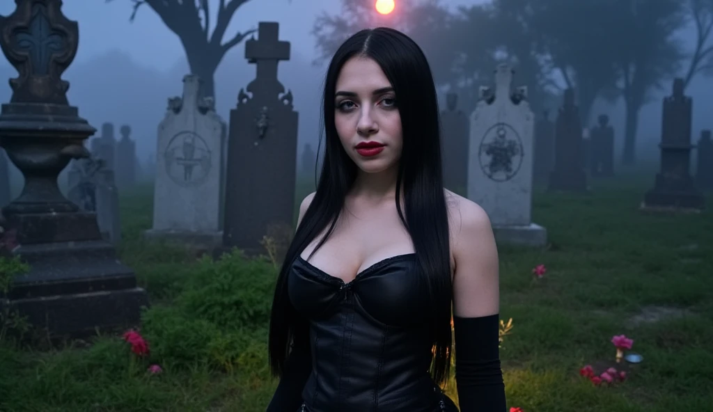 na mujer vestida de negro sosteniendo una rosa en un cementerio, Morticia addams, Briana Banks como Morticia addams, ella la reina de las rosas negras, Imagen de un video musical, Addams, Por el cuervo ?????, ella llevaba un vestido ?????, godo, con una larga capa negra, Cuervo, La familia Addams, video screenshot, Ella tiene el pelo ?????