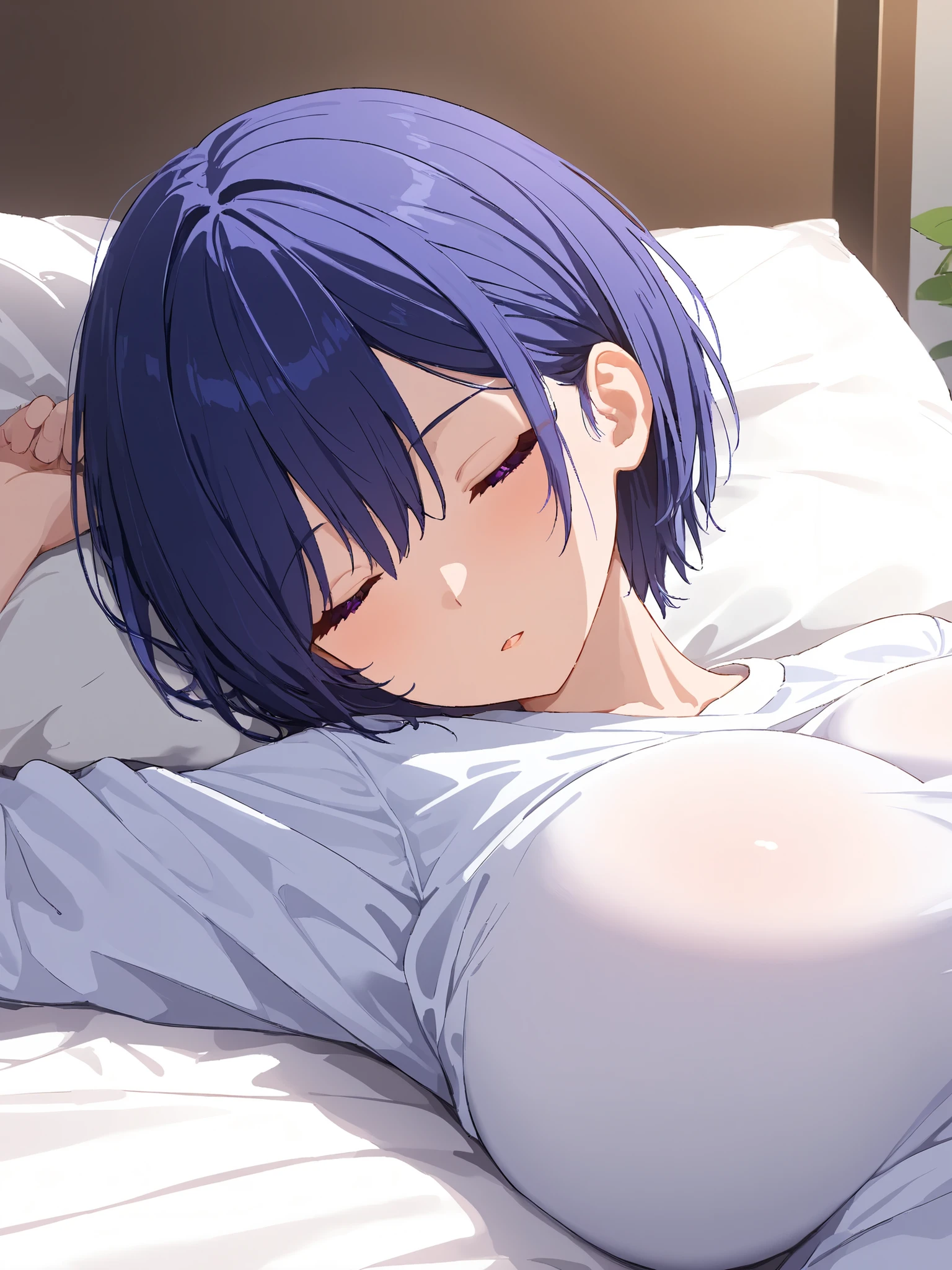 masterpiece, Highest Quality, complicated details, high resolution,
1 woman, solo,
mash short hair, dark blue hair, purple eyes,
huge breast, huge hips, Young face, Short stature,
white shirt,
room, on the bed, sleeping, closes his eyes,