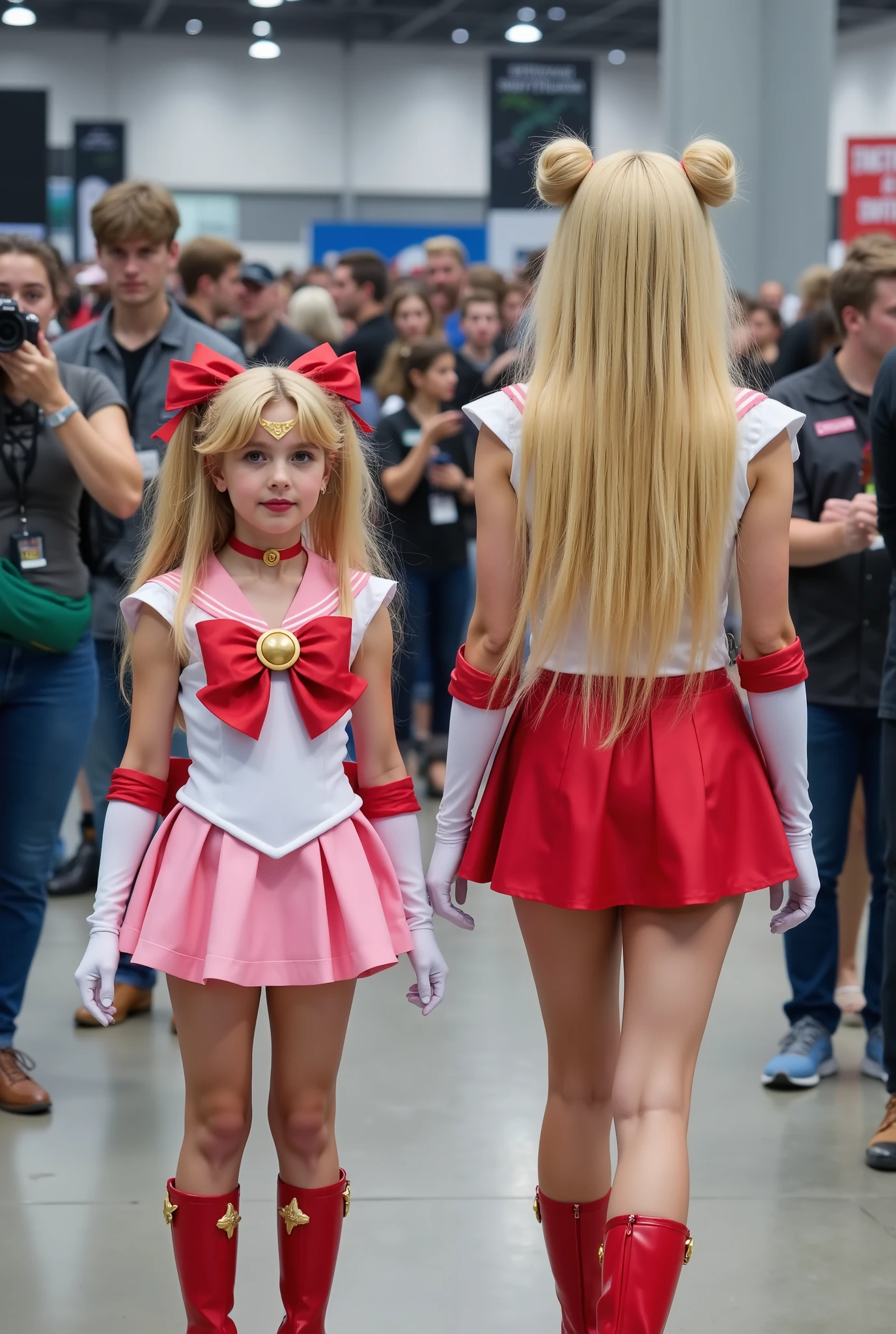 Create a realistic photograph of two girls: a beautiful, fair-skinned 20-year-old woman and an adorable fair-skinned young girl. The woman has very long, straight blonde hair styled in two buns and extremely long twin tails. They are both wearing Sailormoon costumes and standing side by side, with the young girl resembling a small version of Sailormoon. The shot should be full-body, capturing their poses while standing. The background should depict a lively comic convention, filled with a large crowd of attendees, cosplayers, and male fans aiming their cameras at the girls.