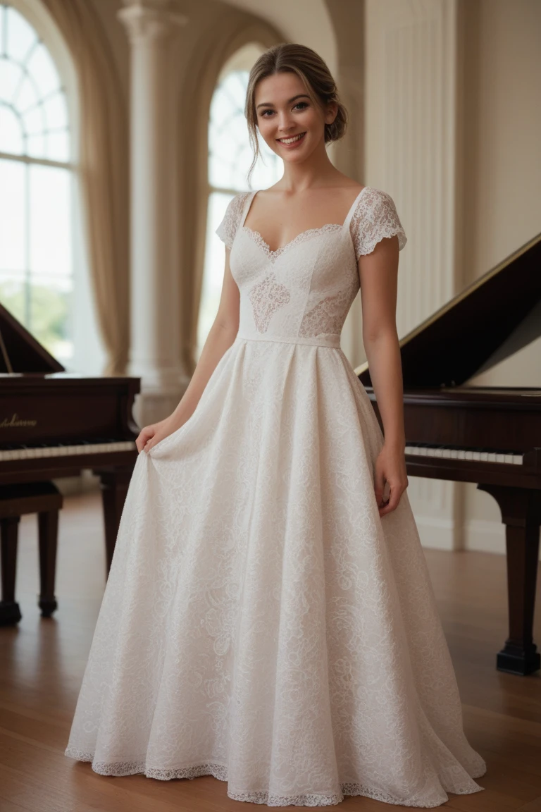 very pretty person in a wedding dress, Golden hair (short, that doesn&#39;t even reach the shoulder), eyes tear before blue, pale skin, an angel ring above the head, holding a bouquet of red roses, a big bow like a choker looking back, a dark background, un velo blanto trasparente