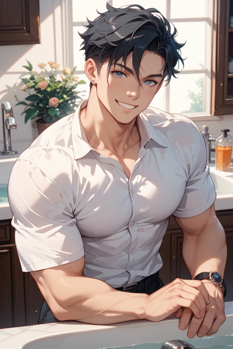 Man green eyes short wavy black hair slim with muscles smiling and panting wearing a white shirt little clothes sweating taking off his shirt 