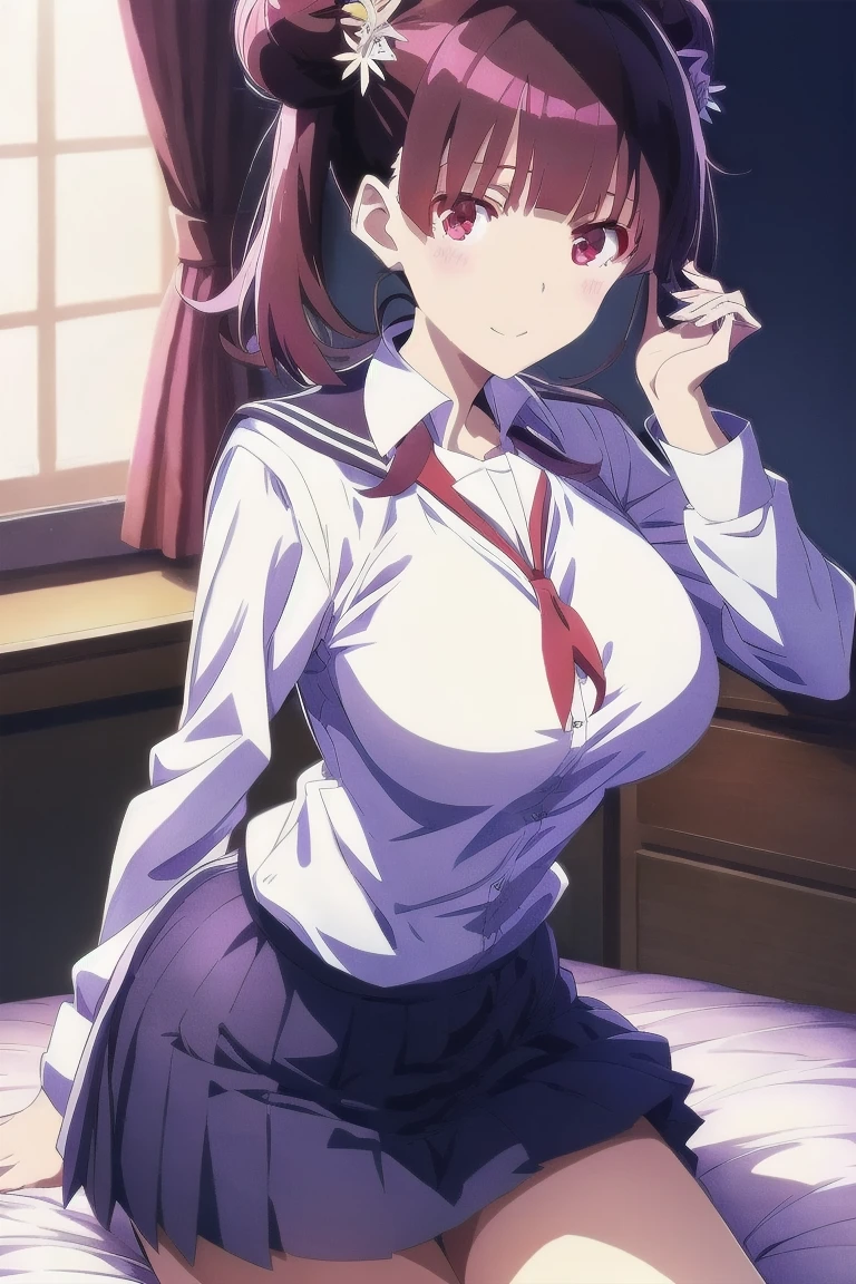 alone, One person, Yunyun, (Mouth open)、 (blush:1.2)、Crown braids of the same color as your hair, (Glowing red eyes:1.8)、(eyes shine red:1.8)、hair ornaments, Hair Ribbon, Pink tie, Long sleeve, Pink Skirt, Knee socks, Cleavage,  Kneeling on the bed、Sweat a lot、(Eyes glowing red in the darkness:1.8)