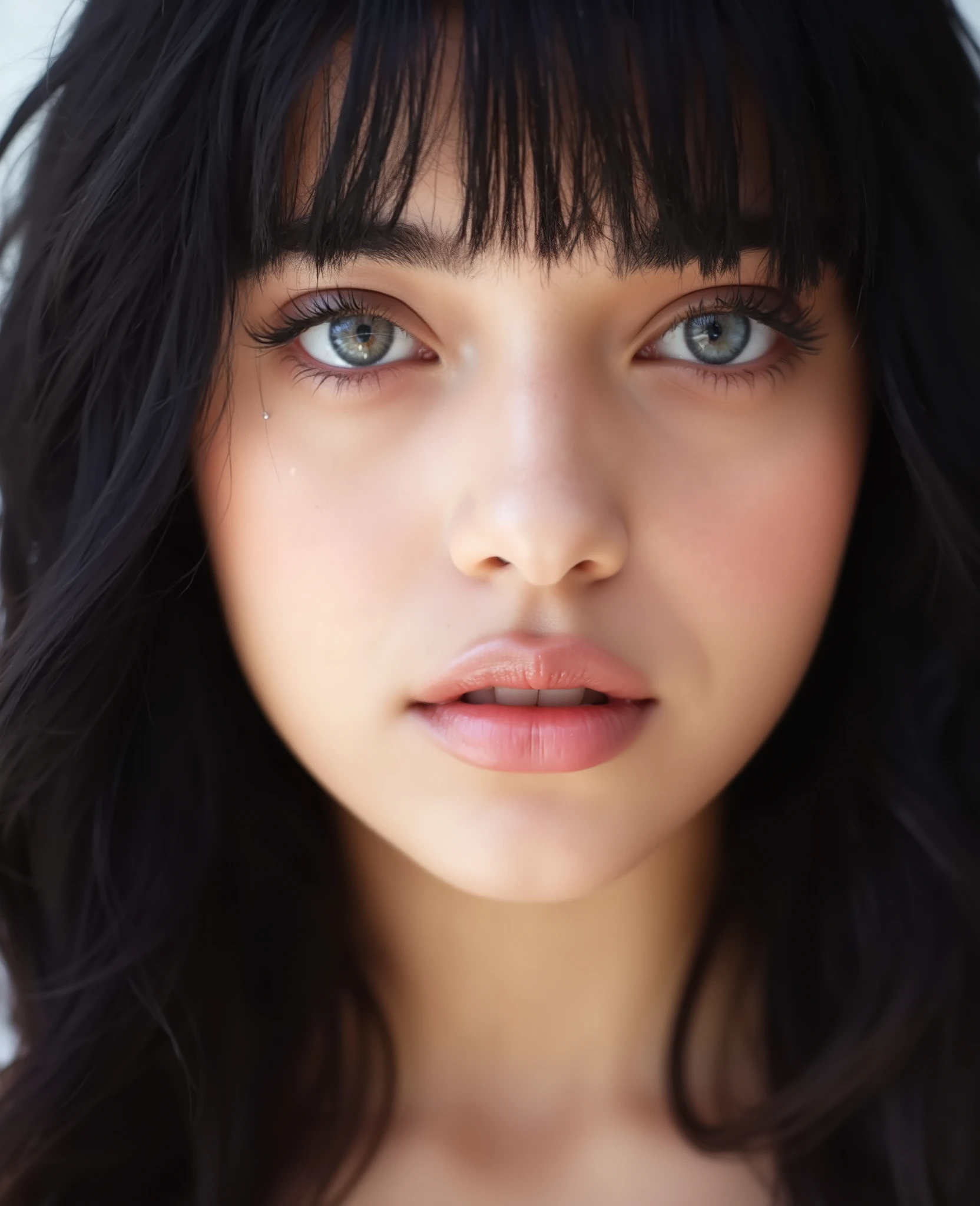 1M4N , face close up ((Extremely realistic)), ( super real), generate a highly realistic image, white backdrop,,- 、black long hair, I'm hiding my forehead with bangs,blue eyes,Long False Eyelashes,Thick lips,Clear eyeliner、 Open the center of your lips、extremely detailed lips, large mouth, full, plump, lip balm to make your lips shiny and shiny、 Pale pink lips, transparent lip gloss,cute bra tank top,Clear lip balm dripping and smudging corners of the mouth