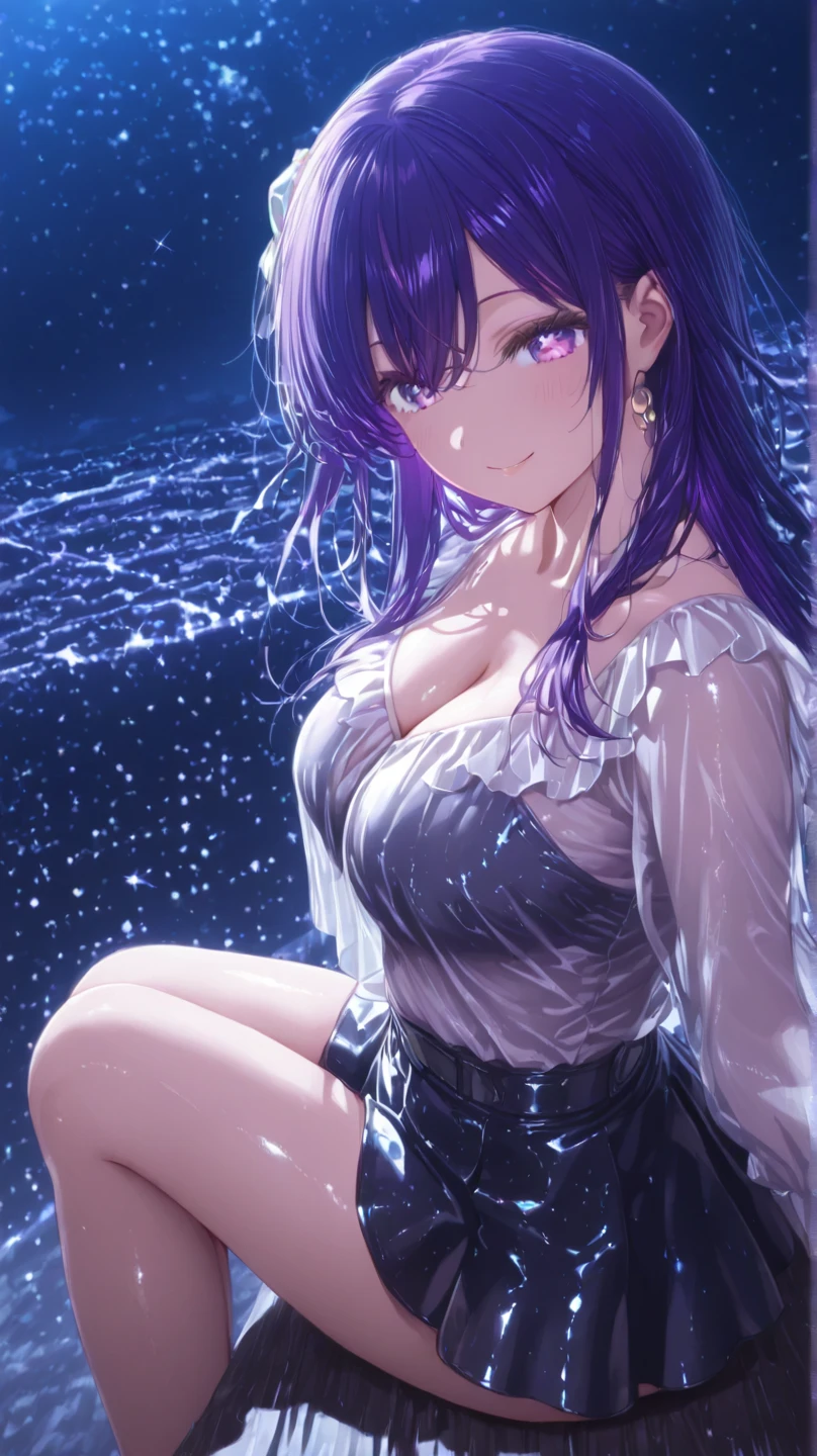 1girl, beautiful face, ((white eyes)), sexy pose, Red moon in the background, stars, space, (lightroom:1.13), soft light, (natural skin texture:1.2), (Hyperrealism:1.2), sharp focus, focused,[[realistic]]Front open shirt、Jacket、G-cup bust、Reddish-purple hair、Purple bra、skirt、Glamorous figure、Big Ass、Side view、
