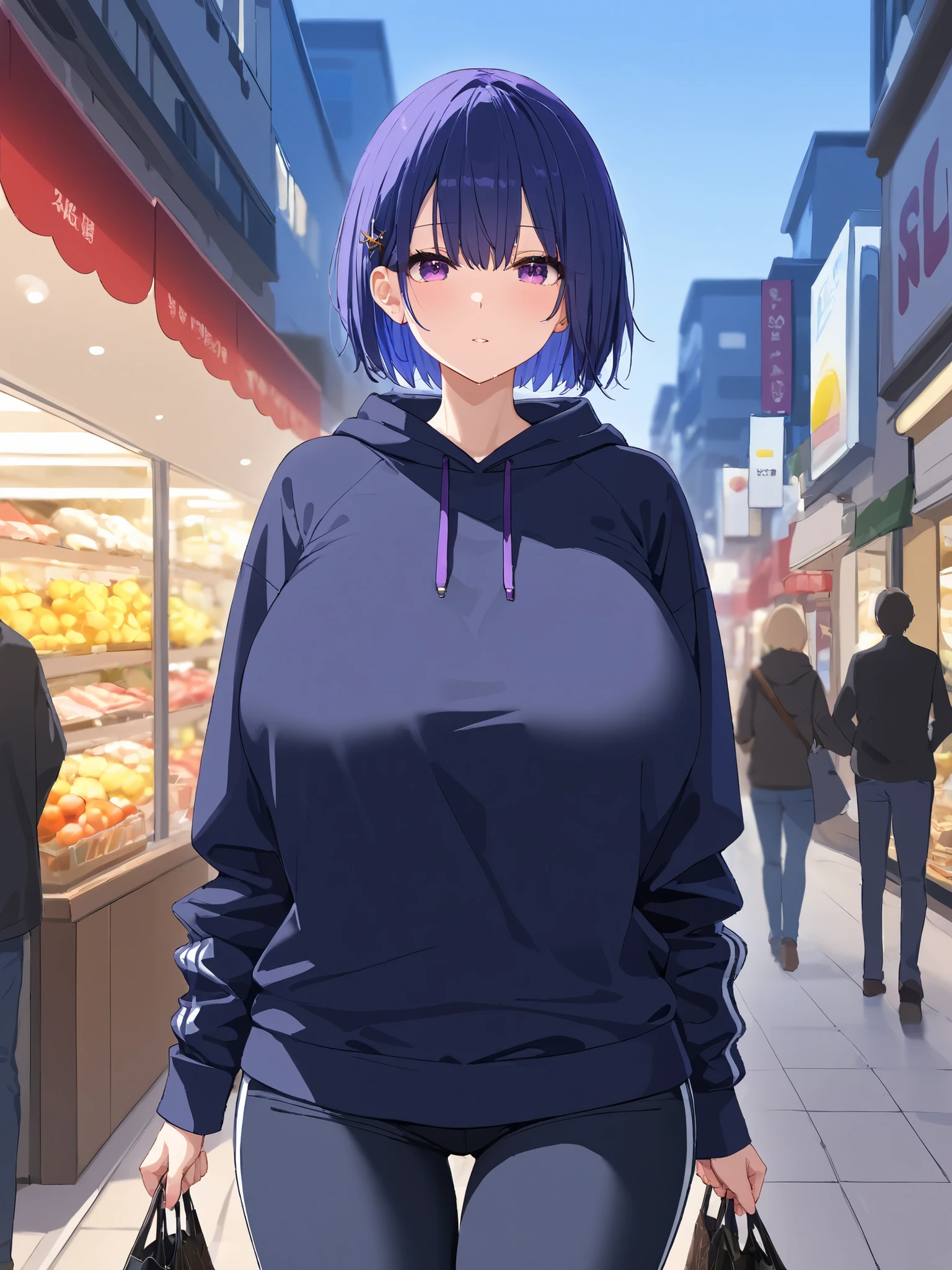 masterpiece, Highest Quality, complicated details, high resolution,
1 woman, solo,
mash short hair, dark blue hair, purple eyes,
huge breast, huge hips, Young face, Short stature,
black hoodie,jersey pants,
shopping street in the evening, shopping, Buy clothes,