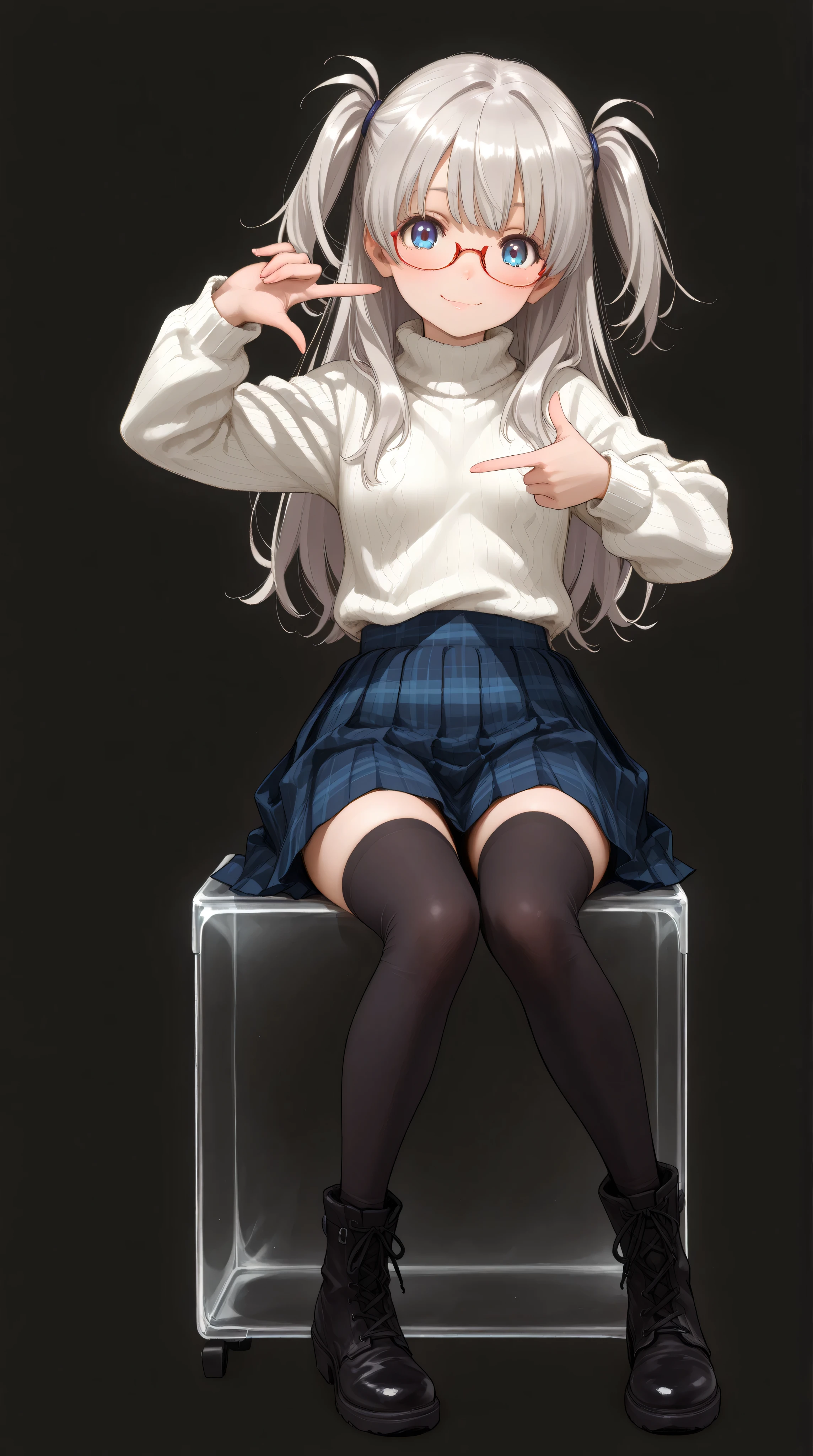 1 girl, full body, sitting on Transparent box, looking at viewer, (finger frame:1.6), petite body, slender figure, small breasts, innocent smile, bright blue eyes,red under-rim glasses, fair smooth skin, rosy cheeks, glossy lips, cute face, big expressive eyes, medium-length silver hair, silky smooth hair, soft front bangs, (twin side up hairstyle:1.3), hair tied up on both sides, loose back hair flowing down, silver hair tie, realistic hairstyle, (white turtleneck sweater:1.5), navy blue plaid pleated skirt, zettai ryouiki, black knee-high boots, youthful appearance, Kyoto Animation, anime illustration, masterpiece, best quality, ultra high resolution, rich contrast, highly detailed eyes, ultra-detailed illustration, very beautiful and delicate anime face and eyes, realistic texture, RAW photo style, (solid black studio background:1.5), soft lighting, (no background:1.3),
