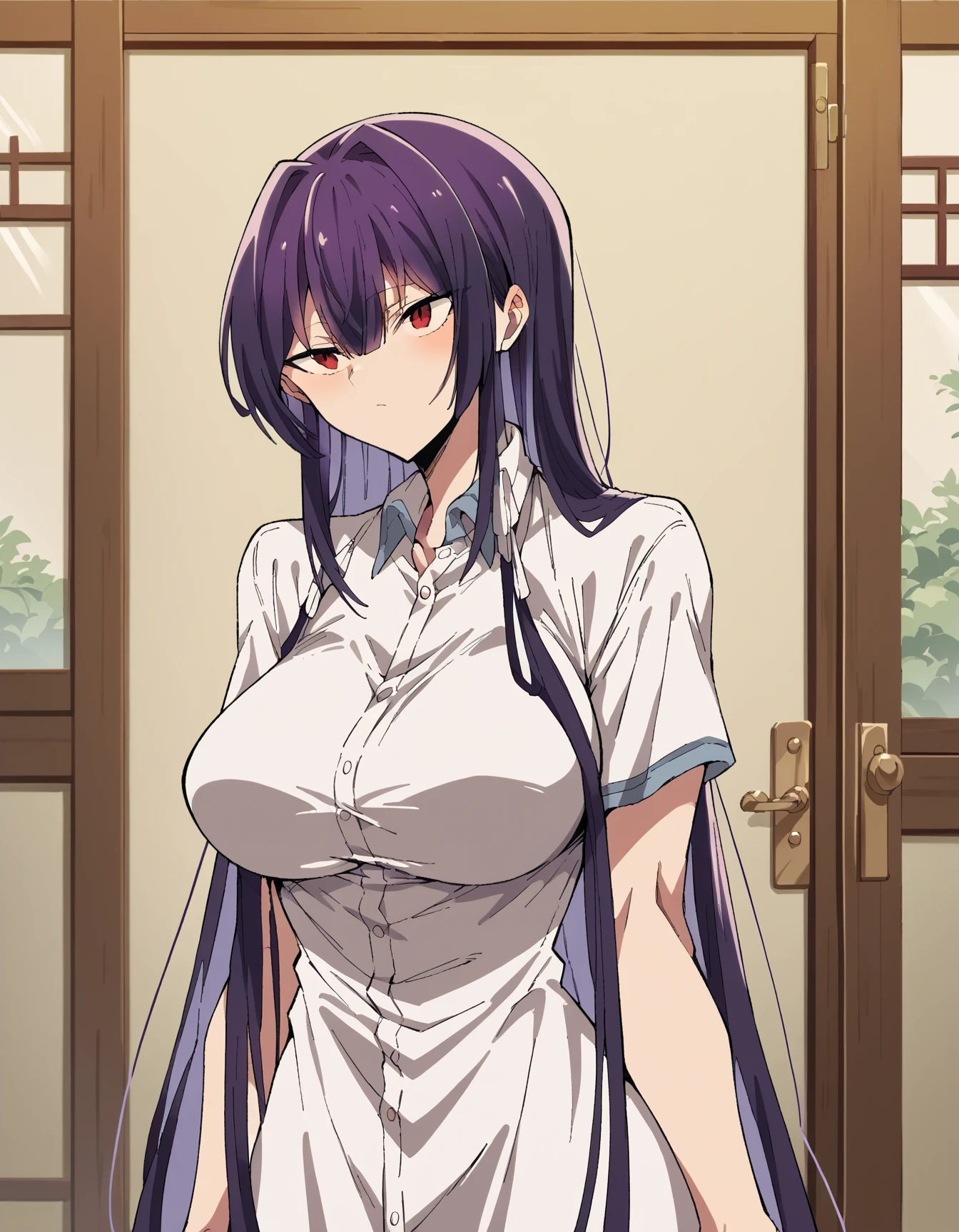 1 Female,High definition,high resolution,Ultra-realistic,8K, CC, 1girl, black hair,large hair, purple eyes,European,sexy,Upper body close-up,Photographed from the front,Dynamic Angles,nurse costume,nurse cap,blush, huge tits, nipples ,show  tits