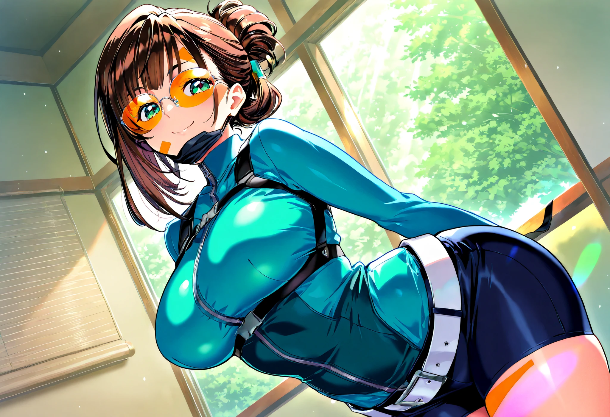masterpiece, 最高quality, newest, high resolution, 1 girl, Yokota Mamoru Style,Line of Motion,very straight nose, slim,Narrow Face,perfect nose,Staring at the Viewer,charming smile、顔up 茶髪, green eyes,Big Breasts, slim、黒いレースの下着を着ている 折りかえったポニーテール score_9, score_8_up, score_7_up, score_6_up, score_5_up, score_4_up, source_anime, tag1, tag 2, quality_masterpiece, anatomically accurate , Facial beauty , perfect face, very detailed and beautiful face and eyes with glasses, Attractive Faces , detailed face , Delicate Face, detailed skin,curvilinear, Voluptuous, wide hips, Thighs , fat body, function, Seductive Woman Wearing a White Belt , Mature Woman , Mature Woman, of motherhood, medium bust surrounded by dense forest ,naughty face , Chestnut Mouse ,Round Glasses, ,room,brown hair, long hair, bun hair, ,Blake Retingin_i doubt it, the above, viewer, from front , skinpea , object
