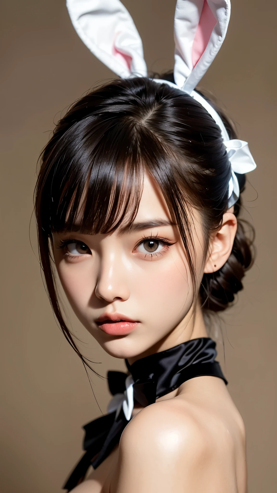 A professional beauty portrait of a young Asian woman wearing a playful bunny costume consisting of black bunny ears with white accents and a black satin bow tie choker. The subject has medium-length brown hair with side-swept bangs, wearing elegant makeup with defined eye liner and glossy lips. The photograph is composed as a centered close-up with professional studio lighting and a shallow depth of field against a neutral beige background.
