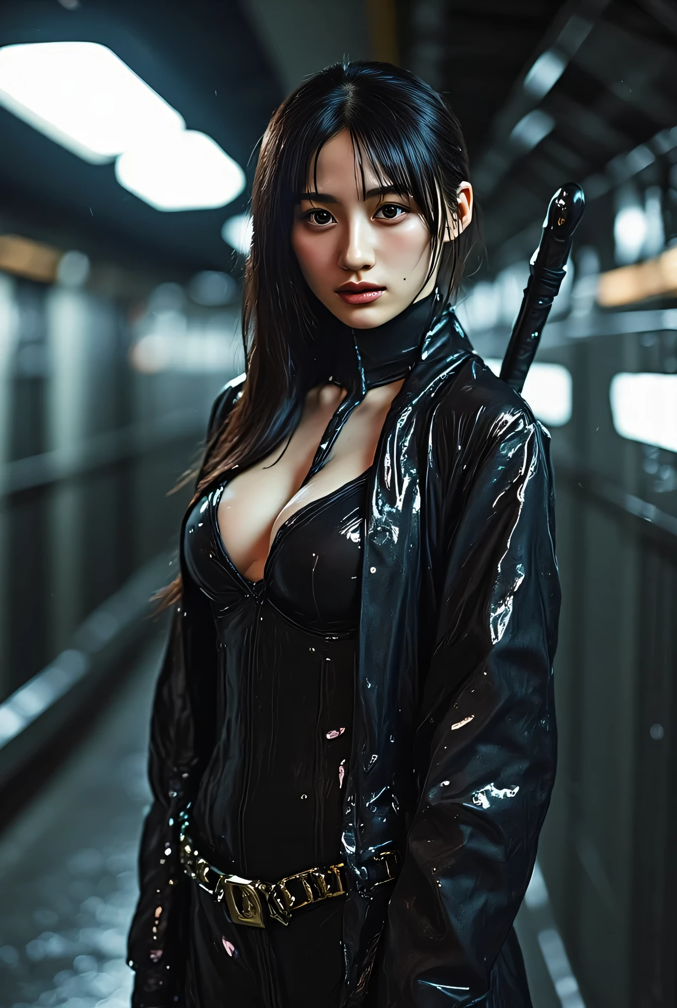 (Wide angle view). City Hunter style city, simple outlined neon tall buildings, glowing giant clock tower, helicopter, lightning, 3D rendering Beeple. At night, (1 girl as Kaori in City Hunter, solo, alone), photorealistic, medium-breast slim:0.6 body, oval:0.5 face, cleavage:1.1, sexy costume with deep-v, low view pleated miniskirt, glove, (Matrix style black micro sunglasses), ((aiming viewer with a short gun)), (running pose), (half-body thigh level close-up shot), cinematic lighting, ray tracing.