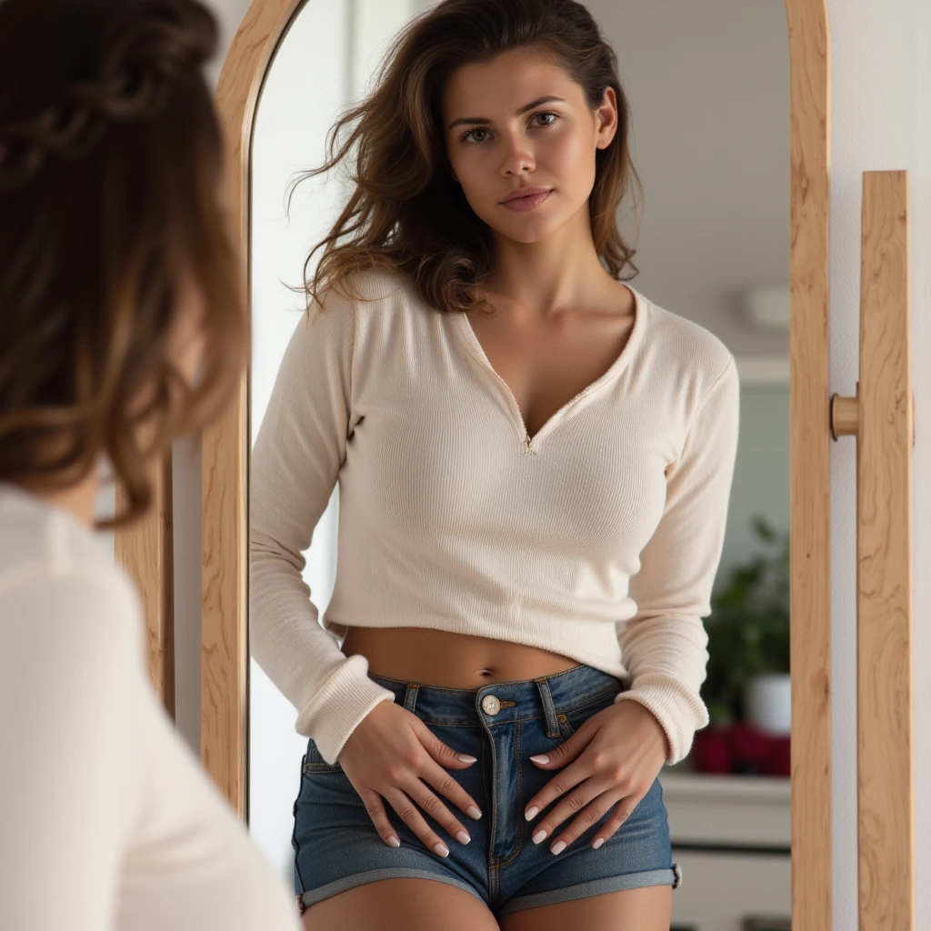 one woman is completely naked and the other woman is wearing jeans and a sweater and is looking at the ????? woman