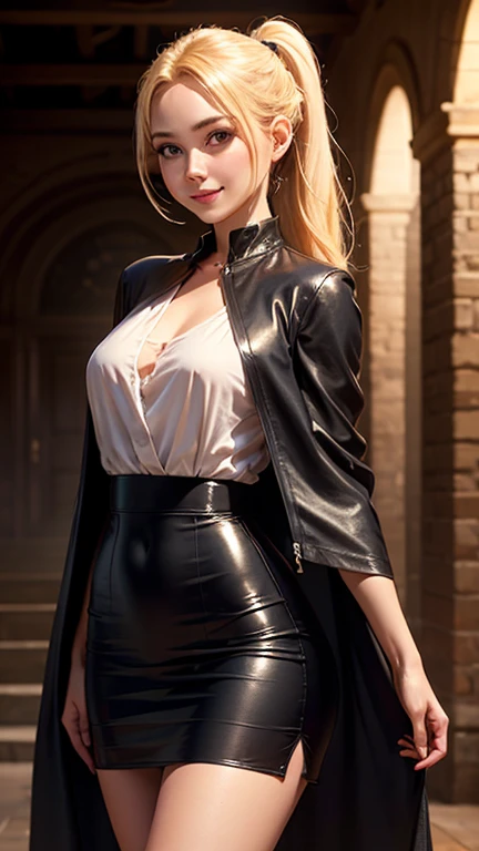 cowboy shot,a pretty 2 girl,blond hair,blue eyes,lora_Emma,slim athletic body,tight and stretched white blouse with buttons,button gap,short sleeves,pokies,ultra low rise black shiny latex pants,(double metal belt),empty studiobackground,((black coat on shoulders)),(best quality,4k,8k,highres,masterpiece:1.2),ultra-detailed,(realistic,photorealistic,photo-realistic:1.37),dramatic lighting,cinematic,fashion photography,studio lighting,high contrast,vivid colors,beautiful detailed eyes,beautiful detailed lips,extremely detailed eyes and face,long eyelashes, touching hair