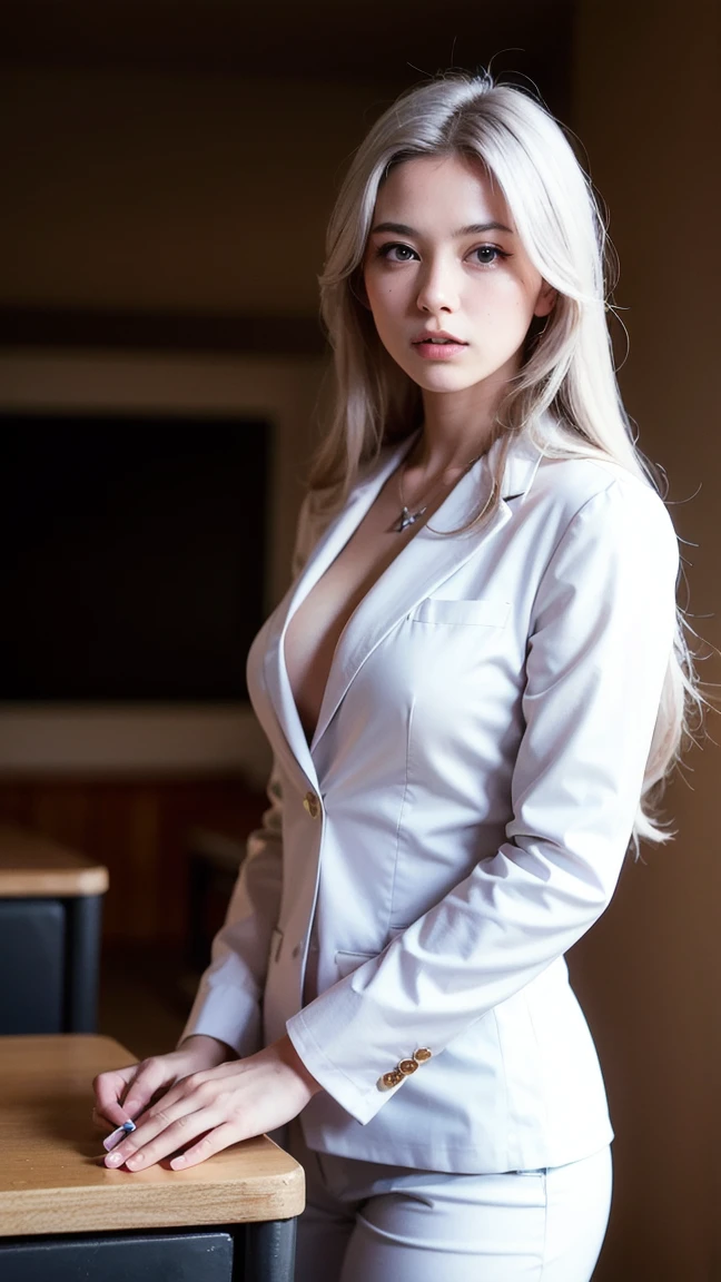 Random view, American shot, Real, realistic woman style, (Blue eyed Hungarian), 18 years old girl, ((gray blazer, ribbon, navy blue folded miniskirt, mid-thigh socks)), university classroom, beautiful detail in the eyes, (eye size: 3/4) light on the face, (((intricate details))), especially strong light, (upper eyes, shy smile), shiny skin, (((silver-white hair color) )), (medium thighs), ulzzang-6500-v1.1: 0.2, bashful, (Flash: 1.2), NSFW, ((seductive pose: 1.3, attractiveness: 1.3)), (sitting on desk), ((complexion slim and perfect body)), bright and refreshing classroom, Cute and symmetrical face, Natural side lighting, RAW photos, superior quality, masterpieces, High Definition RAW color photos professional close-up photos, (realistic, photorealism: 1.2), ( highest qualityr), (high contrast light shadows), (best illustrations), (erotic, sexy, ultra-high-resolution, HD Unified CG Wallpapers, Physical representation, movie lighting), Canon EOS R50 camera with 50mm lens