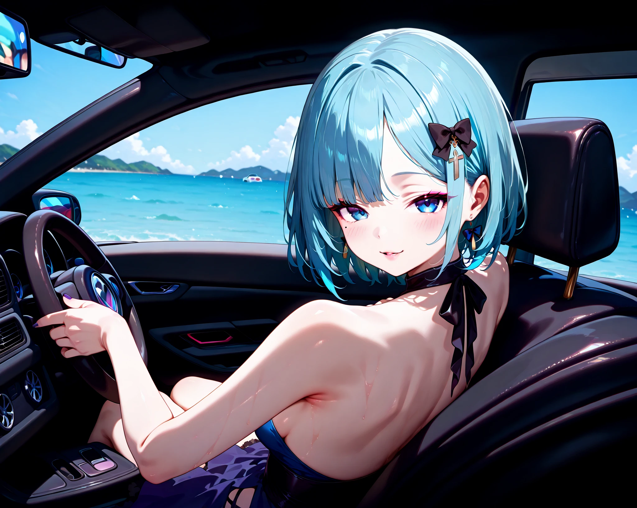 Please draw an illustration of a scantily clad woman driving an open-top car along a road by the sea.。The woman is relaxing with her hair blowing in the wind.、The blue sea and clear sky are in the background.。