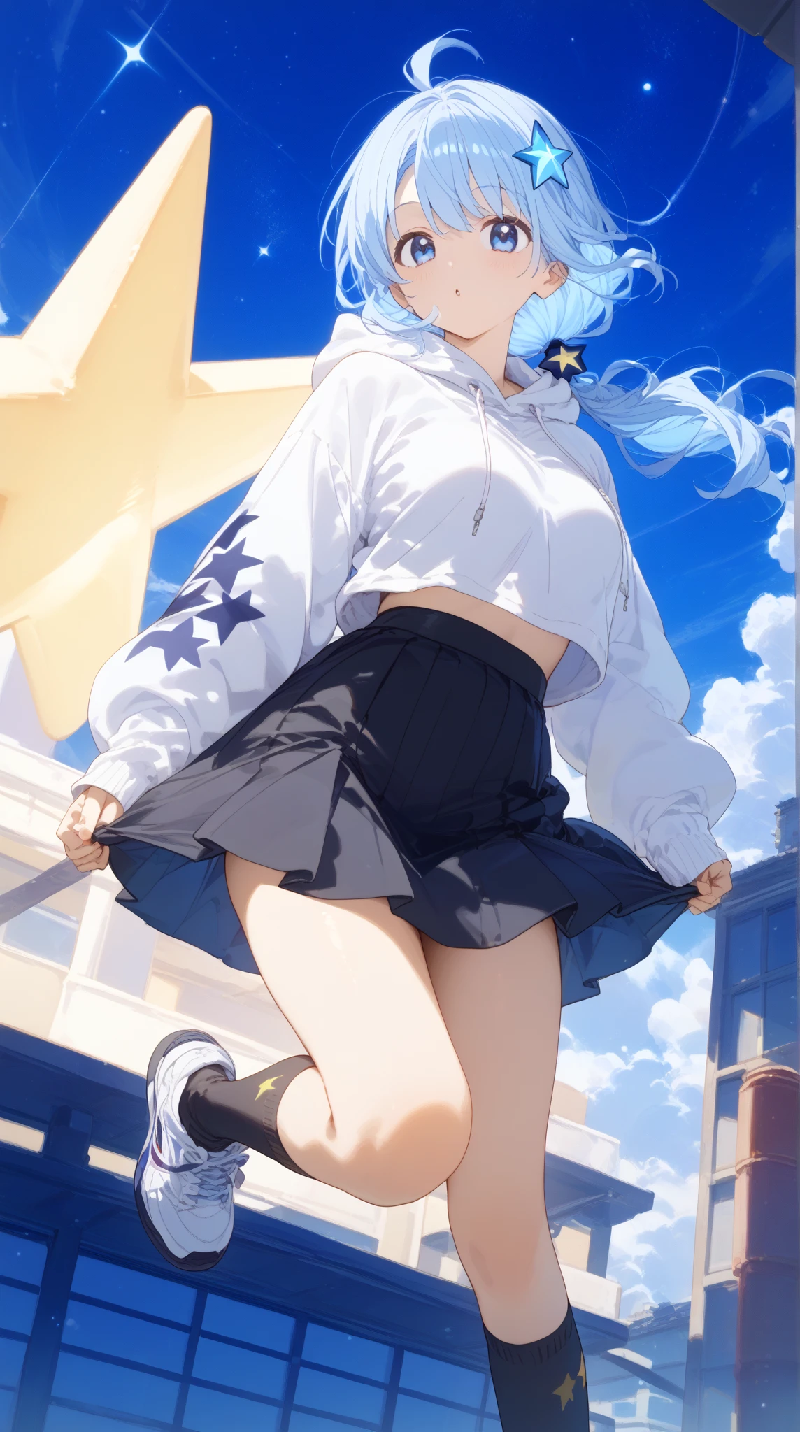 (masterpiece, best quality:1.5), (ultra detailed, high resolution, 8k, beautiful detailed, UHD, best anatomy), 1 cute girl, pale blue hair, medium breasts, sleeves past fingers, sweatshirt, Flared skirt, boots, dazed look