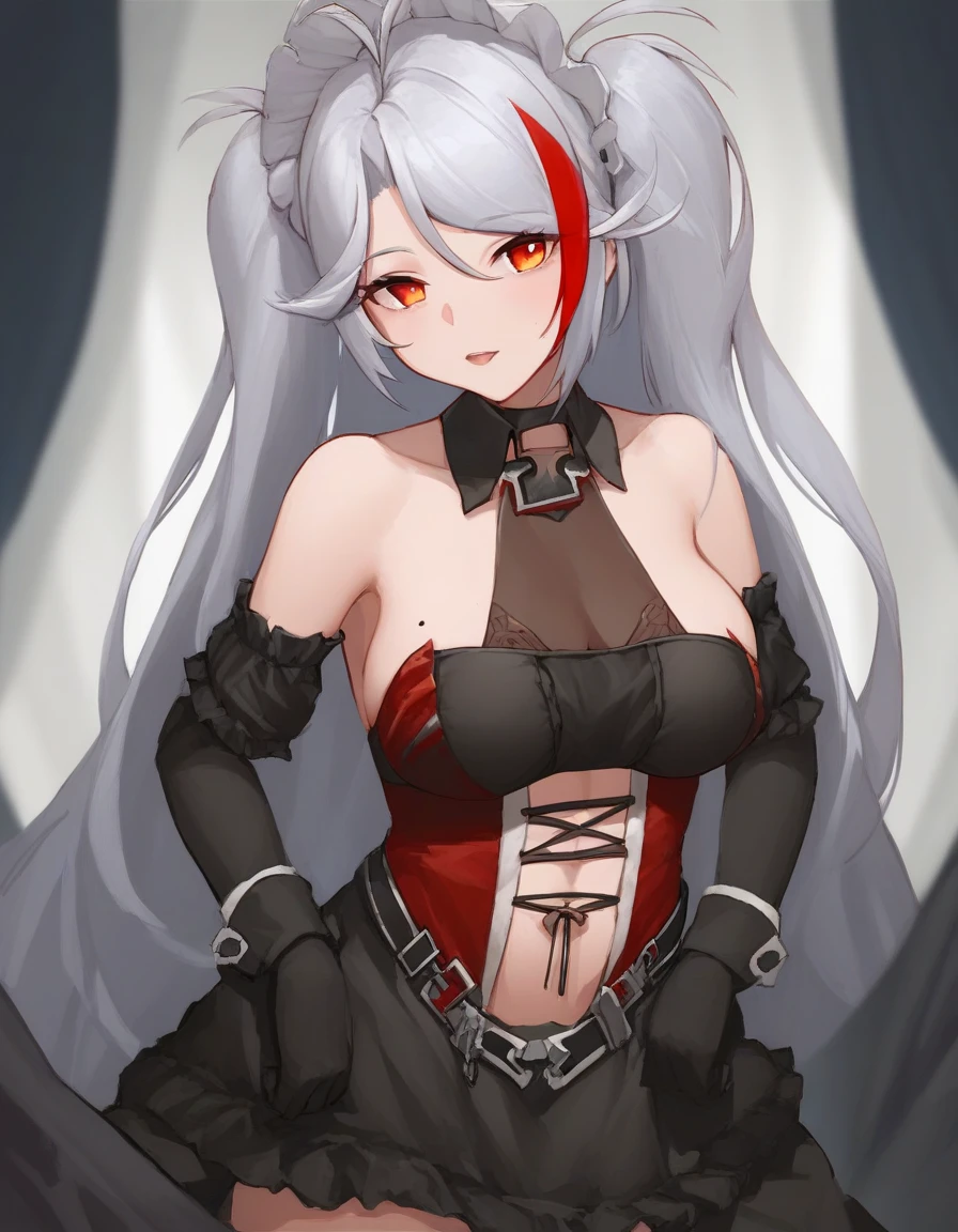 ((best quality)), ((masterpiece)), (detailed), 1girl, An anime woman with long white hair, pale skin, red eyes, sharp eyes, white eyelashes, big coral colored lips, sexy, wine red long sleeve sweater shirt with a heart shaped slit in the middle, black choker, baby pink blush on cheeks, black leggings, maroon sharp long nails, white eyelashes, white eyelashes, WHITE EYELASHES, late 20’s, large breasts, coral colored flower in hair.