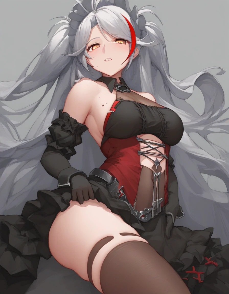 1girl, anime, cute girl, blank background, white background, fantasy, detailed fantasy dress with highlights, beautiful face, beautiful eyes, dark colors, black hair with multicolor streaks, red eye with different color pupil in eye, multicolor eye, medium small breasts (slightly big), slight cleavage, beautiful skin, cute, breast curtains, extremely delicate and beautiful, (beautiful detailed face:1.0), (detailed deep eyes), symmetrical breasts, deep eyes, shiny skin, portrait, slender waist, hips wider than shoulders, thighs, expressionless, young girl, luminous eyes, adorable,(Kpop idol),(aegyo sal:1),(Platinum blonde hair:1),((puffy eye)),Black panty,sexy posture,Superskirt, Ultra-high resolution,Black collar,slim figure, Abdominal y tattoo, womb tattoo,Tight-fitting leg ring,y tattoo on half-body,Bare skin, Armored hand,Hidden fingertips,Hand covered,Arm covered,Fist covered,{{beautiful detailed fingers}}, tufts of hair, moderate beautiful breast:1.0,(masterpiece:1.2), best quality, high-res, HDR, perfect face, intricate armor, delicate blue filigree, intricate filigree, red metalic parts, detailed part, dynamic pose, dynamic lights, cute face, neutral expression