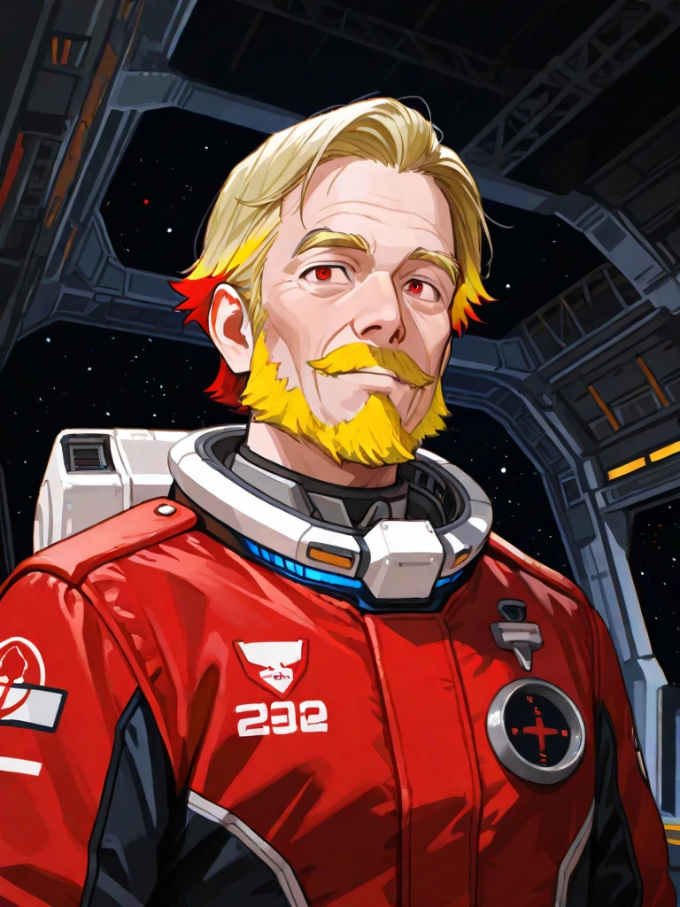 (masterpiece, best quality, illustration, unreal engine 5, official art:1.3), Rich Red color scheme, A picture of (David Bowie) as smiling Major Tom, a technocratic, omnivorous, iridescent, astronaut commander, (sitting in a starbase control room:1.2),detailed face, insanely intricate detail, absurdres, 8k