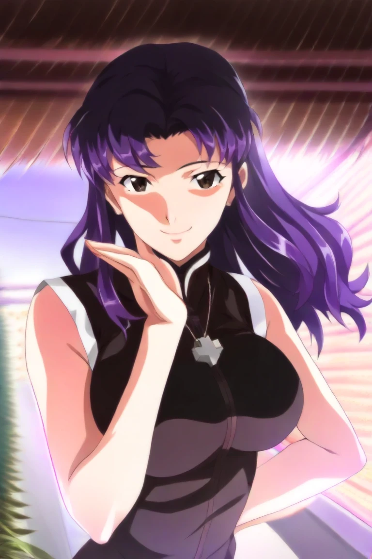 ((1girl)), ((alone)),katsuragi misato , ((extremely detailed CG unity 4k wallpaper)), (masterpiece), (ultra quality), (ultra detailed), (best illustration), (best shadow), (extremely detailed), looking at viewer, (absurdities), (detailed background), curvy body, dynamic pose, cowboy photo, medium breasts, medium waist, wide hips, wide thighs, round butt,(( eyes brown, purple hair, long hair, porcelain skin, shiny hair, (big eyes: 1.2), (smile: 1.2), black sweater dress: 1.3, ribbed sweater, cross necklace, , bare legs: 1.3, bare arms, ) ),smile, closed mouth)), standing, cowboy photo, backlight, ((solo)), ((standing: 1.4, exterior, futuristic city, cityscape, Cyberpunk,(seductive expression,blushing,sexy, mouth closed, sexy pose), looking back, from behind, ((focus on ass), point of view: (from middle), perfect anatomy, perfect hands,