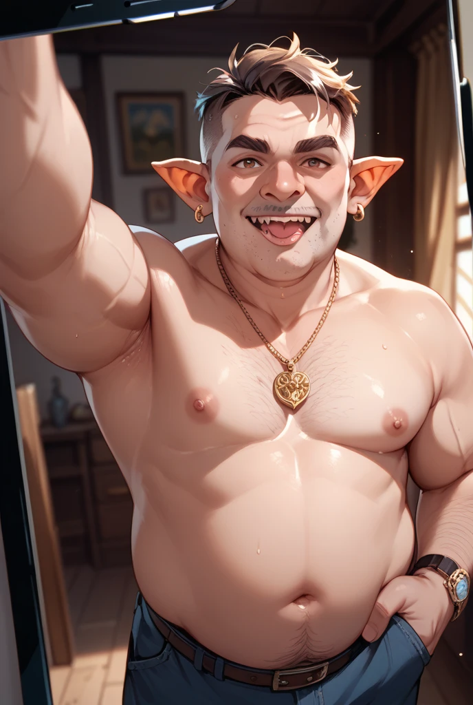 goblin,hairy, speedo, prominent belly, bulged belly, swollen belly, muscular, tall, pointed ears, sitting