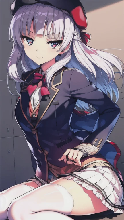 -siki, 1girl, solo, long hair, earrings, ribbon, jewelry, skirt, purple hair, red ribbon, thighhighs, shirt, purple eyes, breasts, white shirt, looking at viewer, red skirt, long sleeves, heart earrings, heart, very long hair, high-waist skirt, white thighhighs, bb \(fate/extra\), bangs, hair ribbon, bb \(fate\), collared shirt, blush, large breasts, zettai ryouiki, closed mouth, neck ribbon, cowboy shot, necktie, puffy sleeves, shadow, simple background, thigh strap, holding, pink background, thighs<lora:siki-000018:0.8>,
