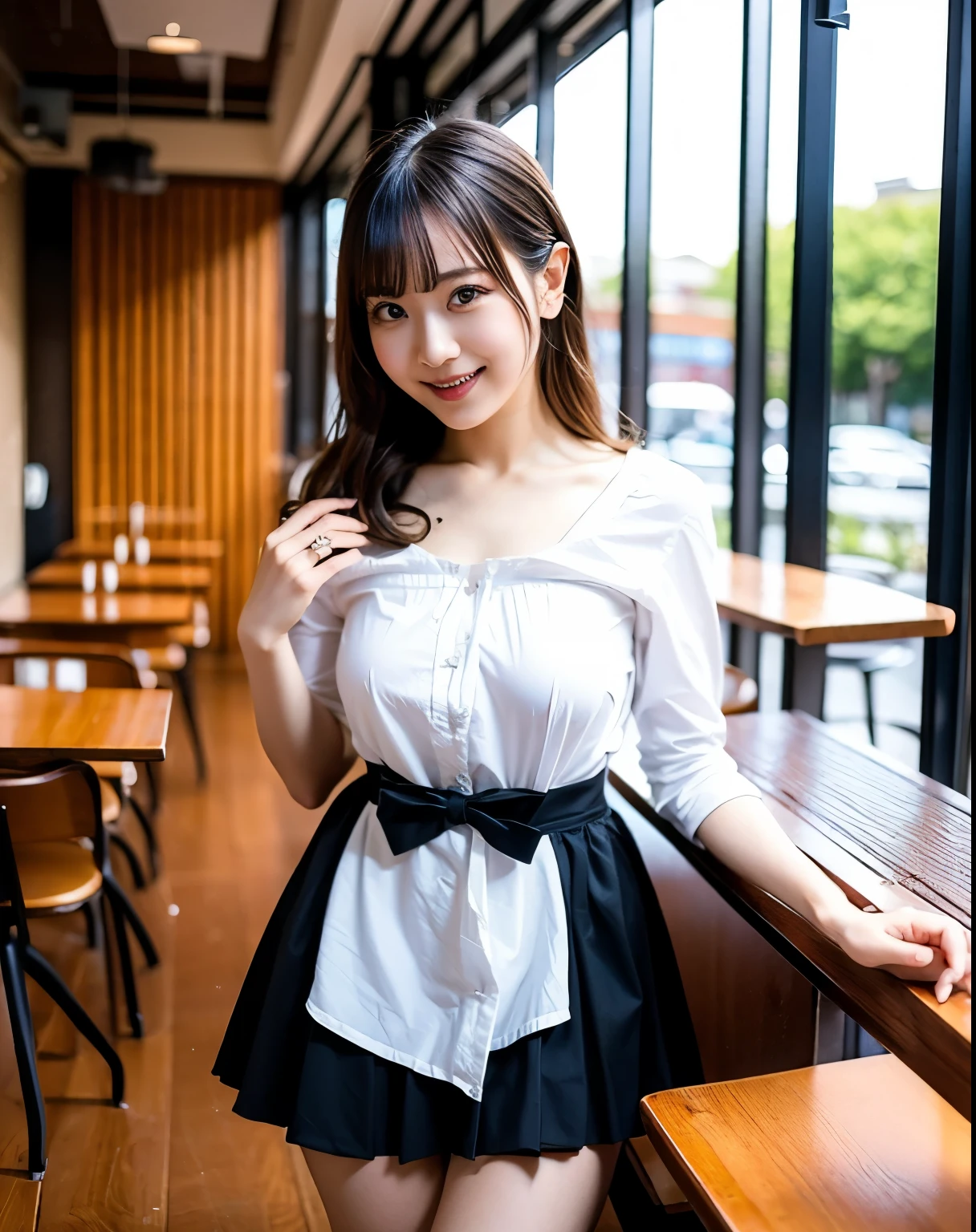 Beautiful legs, stockings, ultra details, masterpiece, Highest Quality, beautiful, details, alone, charming smile, Sexy Lips , one girl, brown eyes, silver-haired, Sexy Poses, big breasts, Low Hair Ring, open your legs, facing backwards, waitress, 美脚のwaitress, cafe