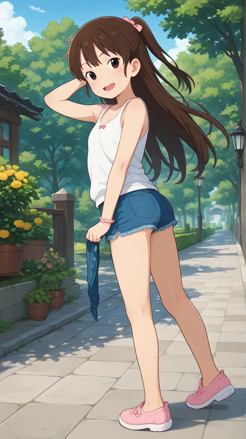 1woman, long brown hair, green eyes, bikini top, shorts, standing on ground, high res, ultra sharp, 8K, masterpiece