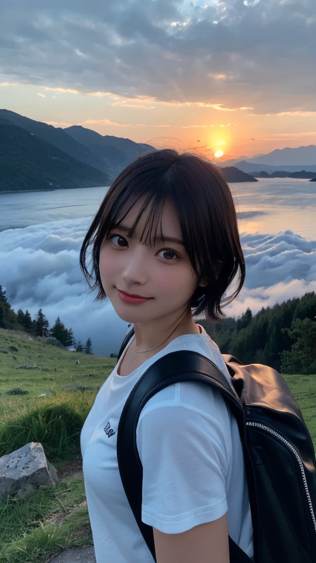 no, Ray tracing, Radio City, Anisotropic filtration, 16,000, best quality, 1 woman, alone, mature,  beautiful mountain climber, white tank top, Gradient long hair、laugh、sunset、big breasts 、valley (((Sea of clouds))
