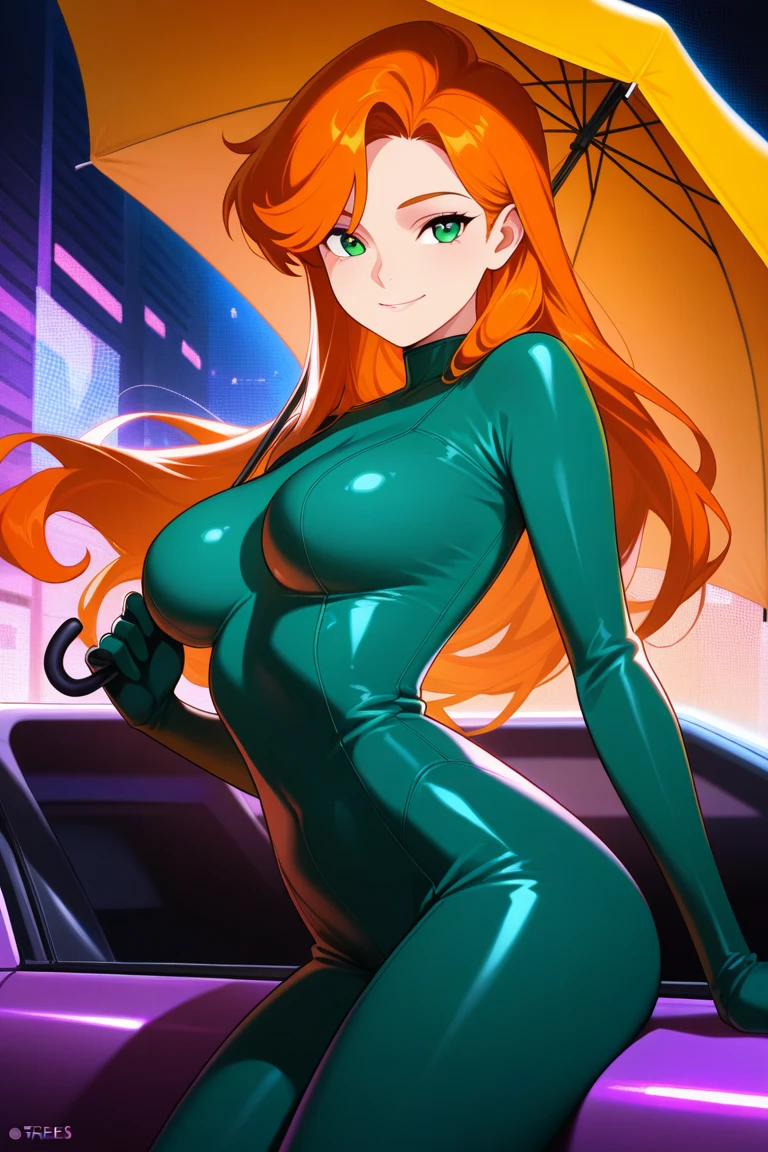 monsg, ponytail, bangs, hair bobbles, green eyes, flat chest, insanely detailed, beautiful detailed face, beautiful detailed eyes, masterpiece, best quality, extremely detailed, high quality, highly detailed, nude, red hair, short girl, aged down, smile, flat chested, male chest, indoors, masterpiece, best quality, shiny white closed toe heel shoes, covered toes, diamond anklets, aroused expression, seductive, seductive eyes, seductive smile, car interior, sports car, her whole body is visible, glowing eyes, cityscape, night, night sky, legs, smooth legs, seductive pose