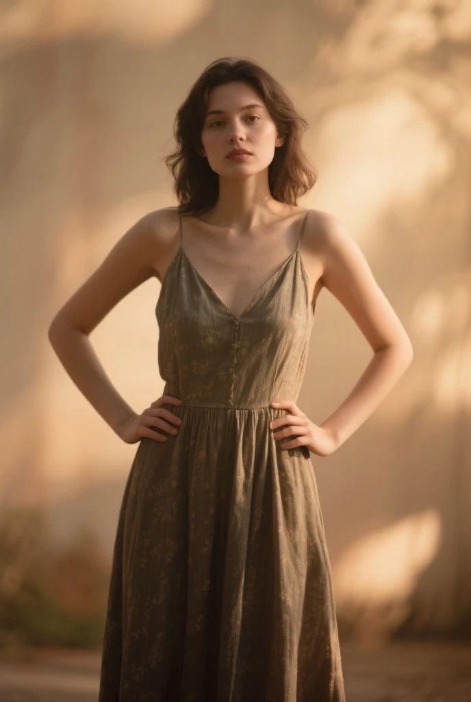 (full body,light brown hair to the shoulders,summer short dress,perfect details,gazing at the camera,beautiful brown eyes,light makeup, confident expression,standing on a green meadow,with blooming flowers and tall trees in the background,lit by warm sunlight,best quality,ultra-detailed,realistic:1.37,lush colors,soft lighting)