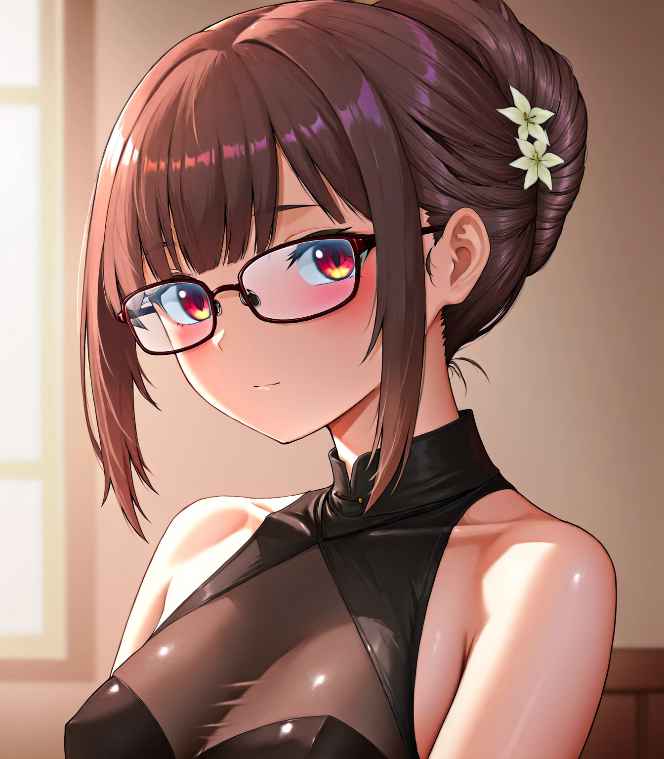 1 girl, Chiori \(genshin impact\), Alone, standing, completely naked, detailed naked body, glasses, choker:1.6, looking at the viewer,, inside, depth of field, at night