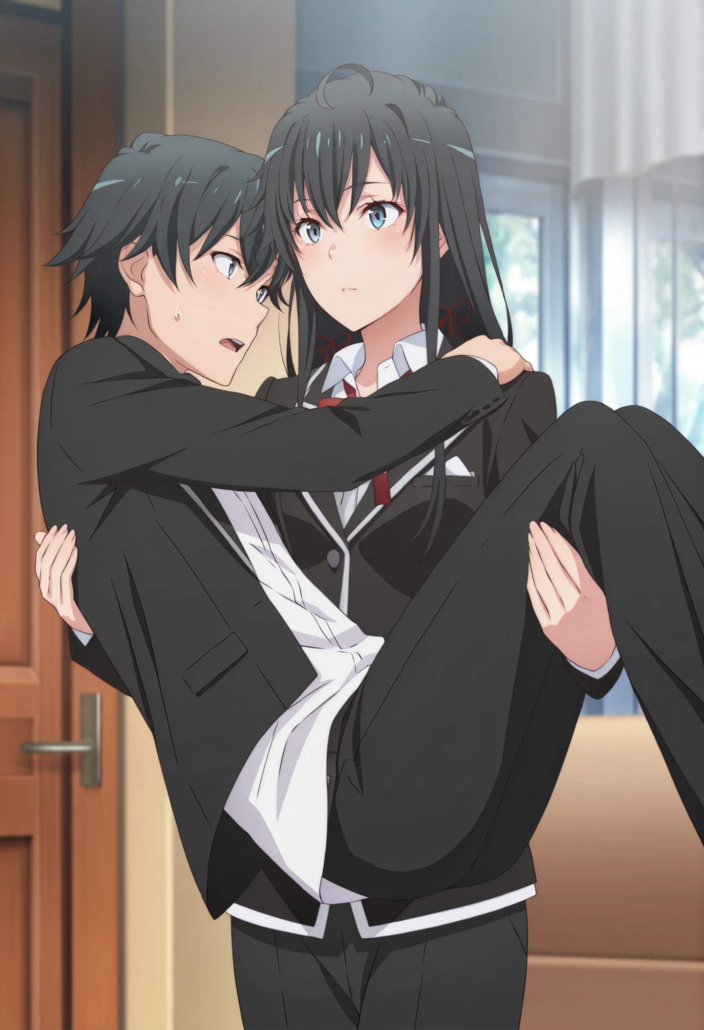 masterpiece, best quality, very detailed, , masterpiece, best quality, eyelashes, (Beautiful Eyes), cowboy shot, anime, Official Illustration,1girl, ,, yukinoshita yukino.,, butler,,princess carry,1boy ,,,, female carrying male ,,,bridal style, female carrying male, role reversal