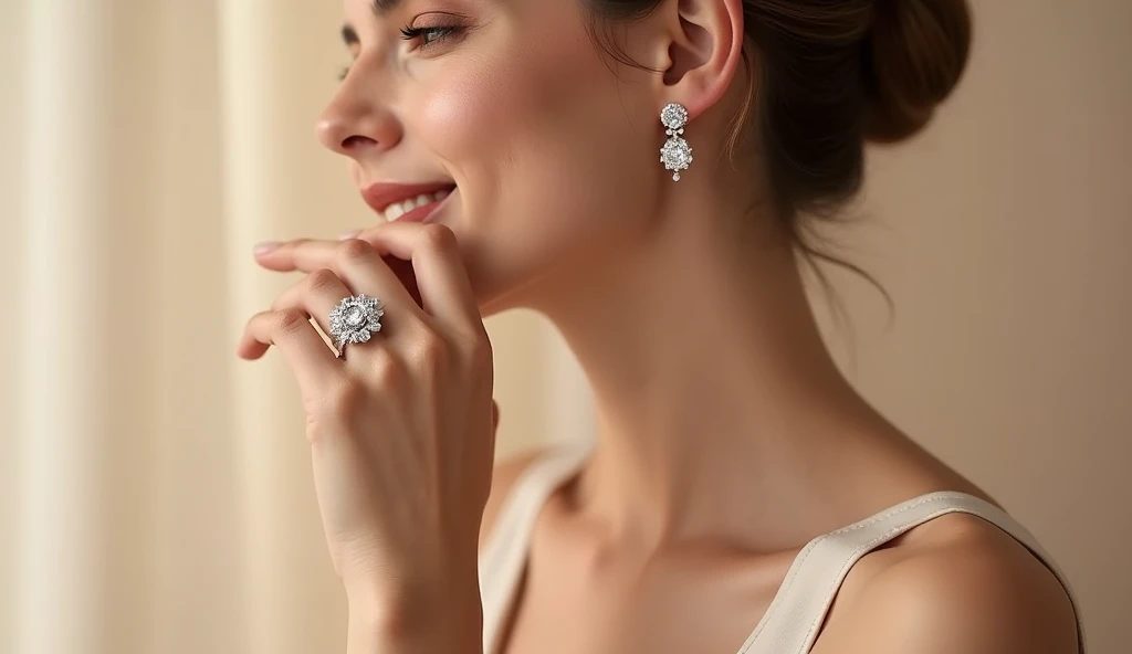 Beautiful woman in a bright white dress with a pearl necklace