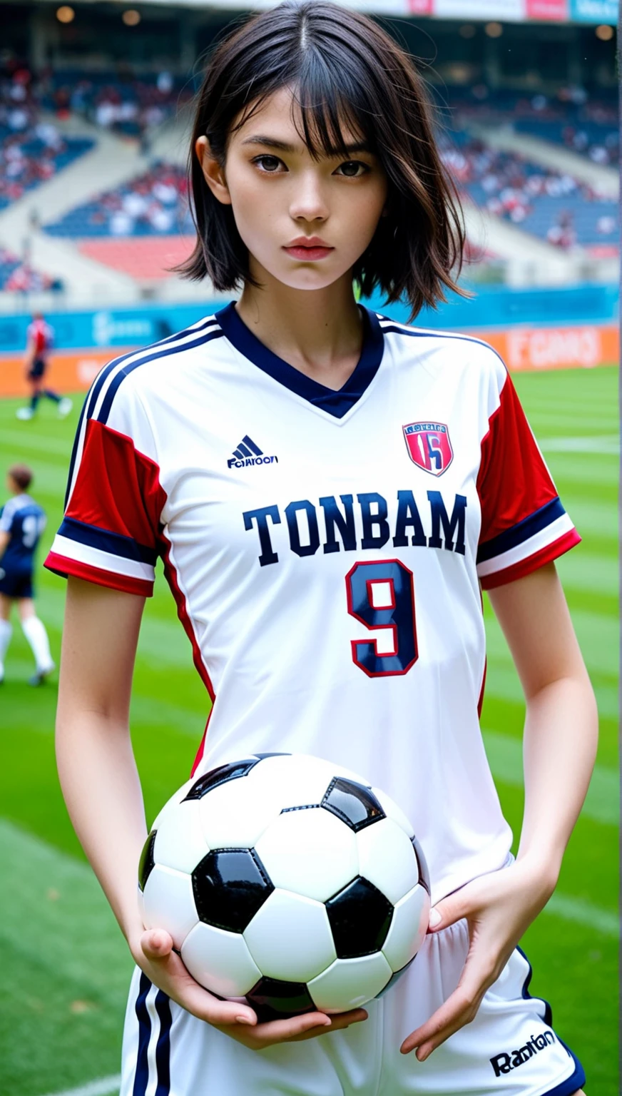 (Gray background:1.5, Close-up shot:1), (Realistic:1.4), (highest quality:1.0), (Ultra-high resolution:1.0), 8k, RAW Photos, (masterpiece:0.2), One girl, Beautiful Skin, Detailed skin, Big smile, teeth, (short hair:1), (Soccer uniforms:1.2)