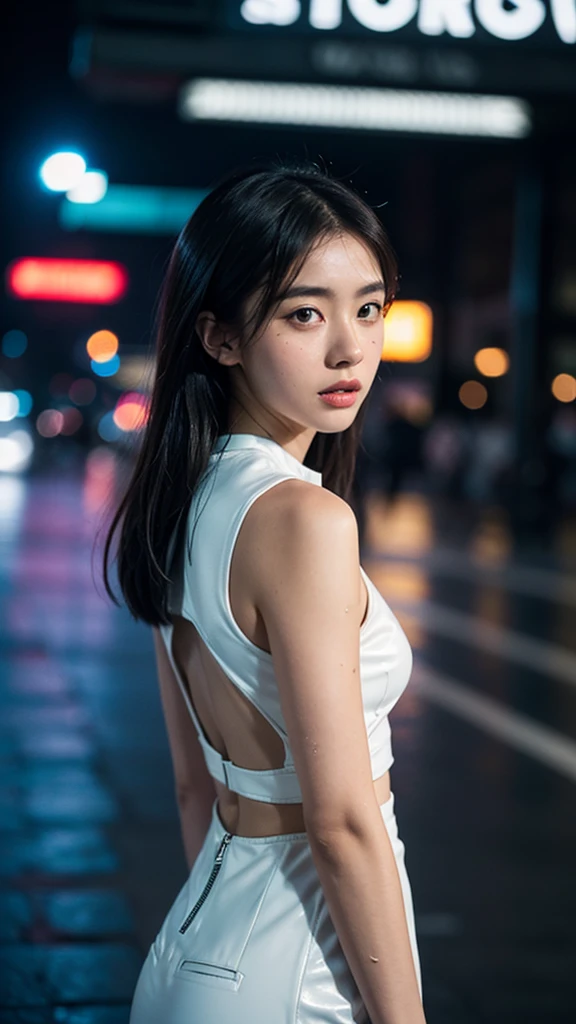 (close up), (((real life photo))), ((((real face)))), full body, asiatique, white skin, (purple and black hair), wearing a sexy red outfit, walking in new york (at night), (((ultra detailled face, ultra detailled background))), high resolution, ((no blurring)), low light on her body