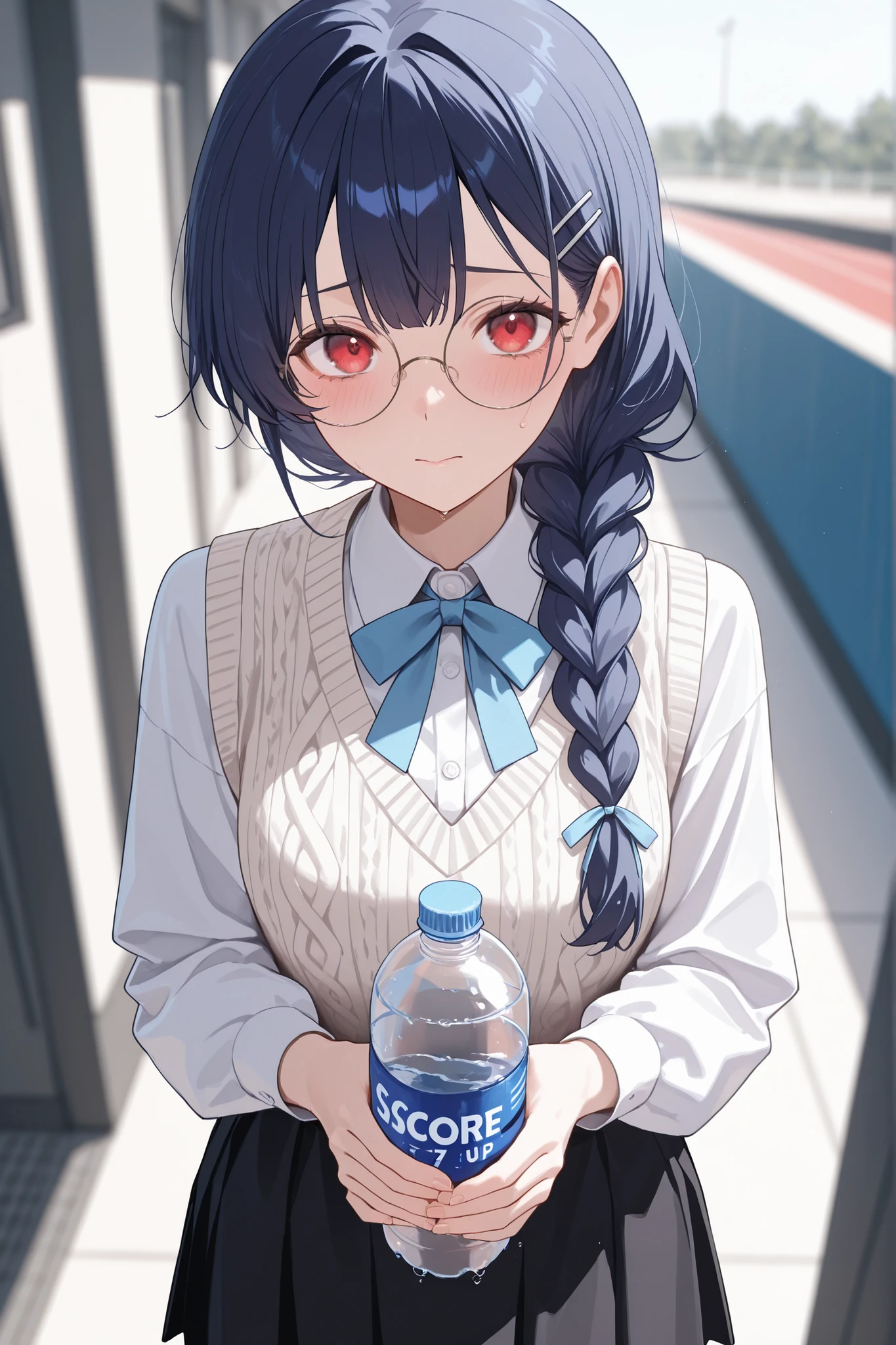score_9, score_8_up, score_7_up, masterpiece, best quality, detailed face, 1 girl, solo, beautiful, modest chest, slender body, mature, light makeup, adorable, closed mouth, innocent look, blushing, shy,
Long hair, wavy dark blue hair, low braided hair, hifumi bangs, round glasses, hair_clip, vibrant red eyes, knitted plaid vest outer, blue ribbon, white formal shirt inner, black short skirt,
Indoor background, volley court, offering water bottle, day, depth of field, bloom, soft lighting, best composition, dynamic, looking at viewer, close up view,