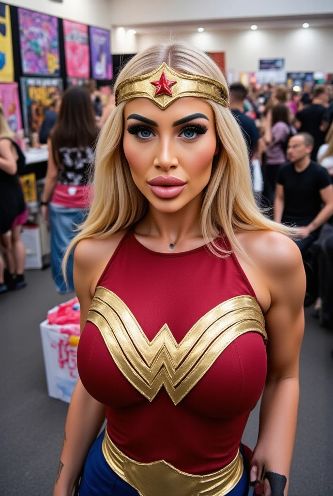Sexy busty pornstar with massive breasts and butt, thicc thighs, sexy thicc legs, sexy body, slutty Wonder Woman costume