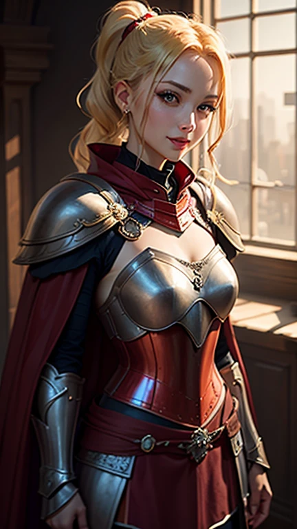 8K,holy knight with sword,Gorgeous black and red very large chest armor(Precisely crafted aristocratic coat of arms),luxury black and red pants,Super beautiful(like the real thing),ultra high resolution,Super realistic,realistic skin,blonde curl hair,big blue eyes,muscular slim body,cool smile,purple rouge,background,battlefield,gorgeous black and red shoulder armor,gorgeous black and red waist armor,Luxurious black and red foot armor,fantasy art,character art,battle scene,action scene,action pose,Sexy cleavage,Paladin,Looking down on her huge cleavage from above,Close-up,