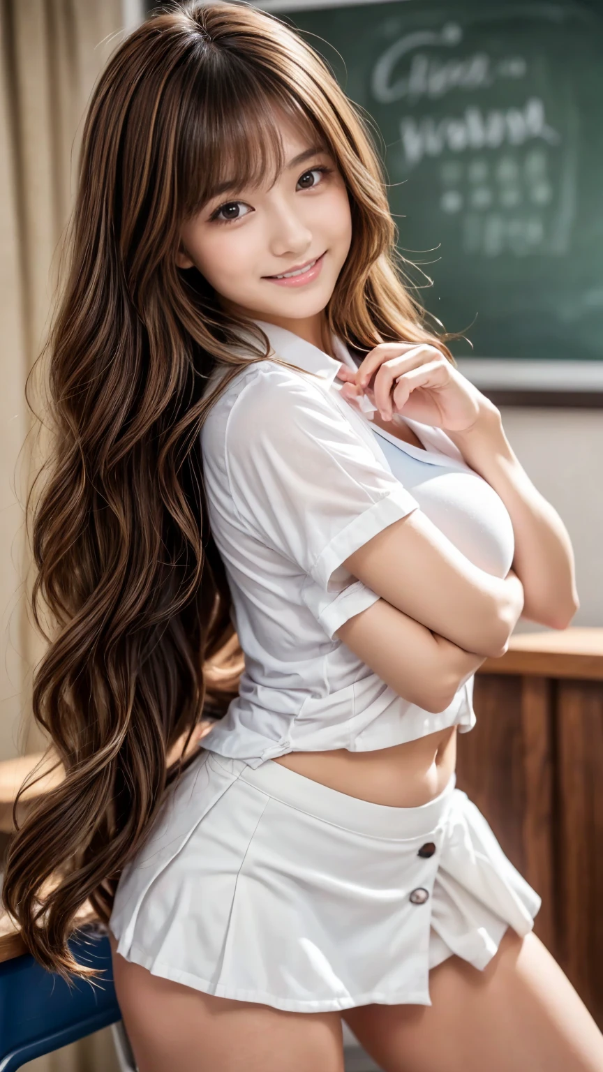 Sarah has long, flowing chestnut hair that cascades down her back in soft waves. Her hazel eyes sparkle with curiosity, framed by long lashes. She has a slender figure, and her porcelain skin glows under the classroom lights. Sarah's presence exudes a sense of grace and poise, hinting at a quiet confidence within her