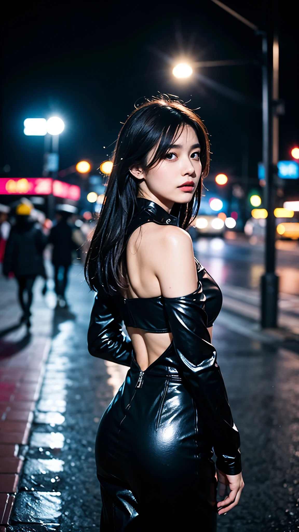 25 year old young woman, wearing black leather Wear a sexy tight leather outfit.,) Chest size three 16 inches “Cyberpunk black is the most fashionable. Outdoors, at night, warm light.,) 8k Photos, Shot with a high quality Fuji 45 camera.,000,000 pixels, open aperture, warm light, Wear tight red and black clothes., Cute girl wearing a tank dress, iu lee ji-eun in the role of supervillain, oppai cyberpunk, Female Spy