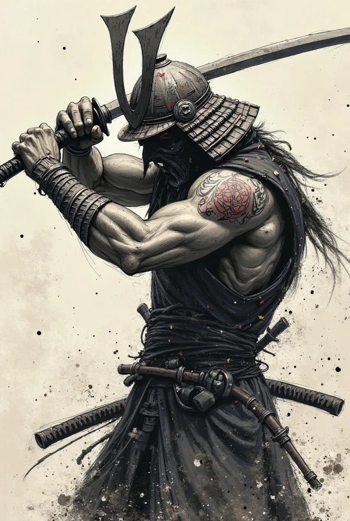 Samurai tattoo black and white drawing wearing mask
