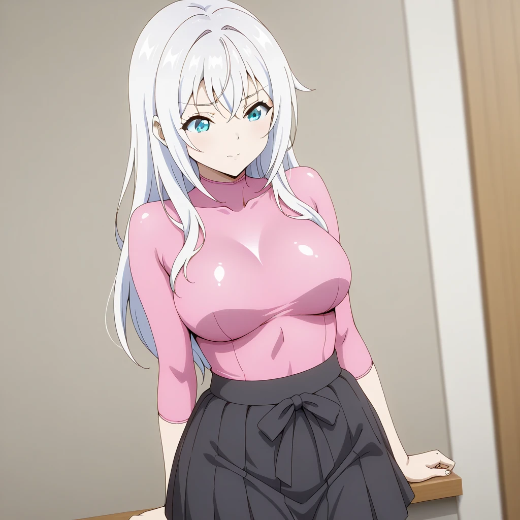 Imagen estilo anime de una chica de cabello amarillo y ojos azules, piel blanca, y pecas en las mejillas, camisa blanca y Jeans largos y apretados 