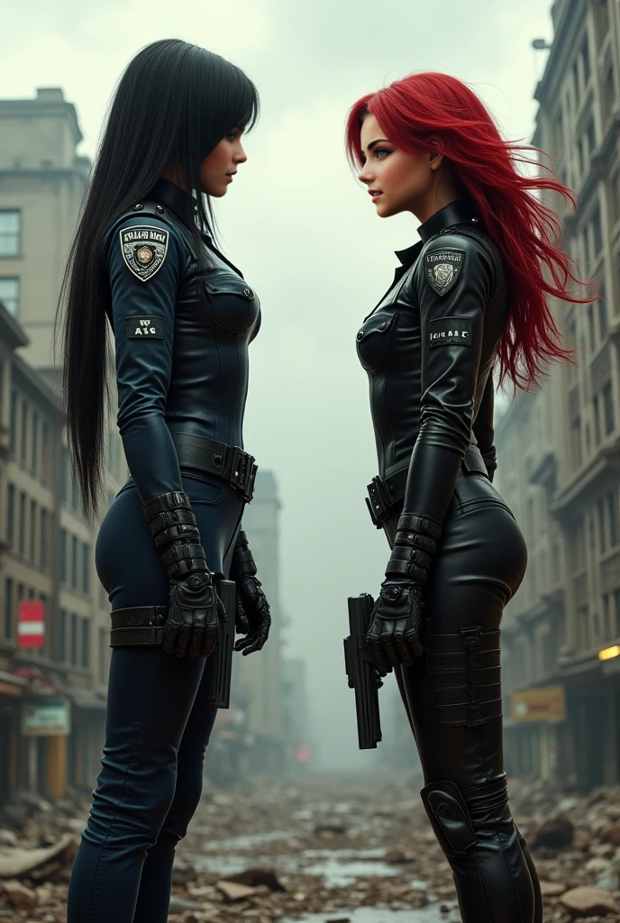 ultra realistic, photography, two women: one with long straight red hair, (30 years old, hourglass figure, perfect body), the other one: long black straight hair, (30 years old, hourglass figure, perfect fit body), Long eye lashes, seductive eyes, Award Winning Glamour Photograph extremely detailed award winning glamour photograph, front lit, HDR, they are dressed like a FBI Agents, under their trenchcoats their shirt is buttoned up, they have a badge on their trenchcoats, they are wearing elegant pants and high heels, they are running after a suspect, they have their guns drawn, action shot, cinematic shot,