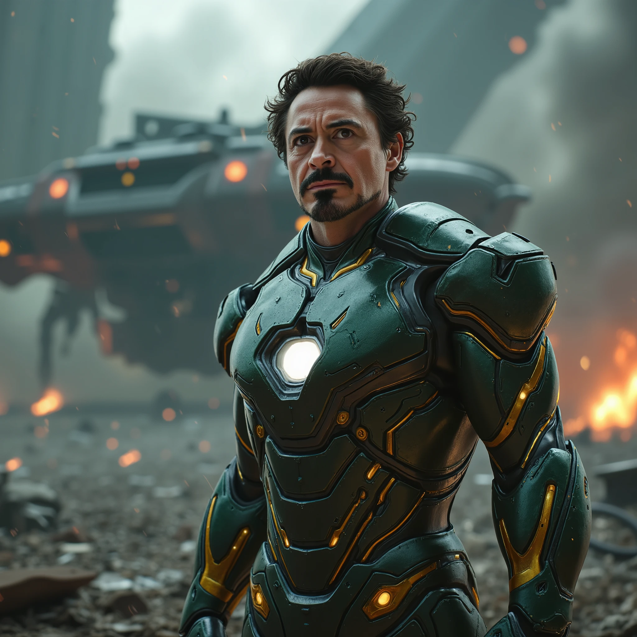 Hyper-realistic, ultra-detailed portrait of a man resembling Robert Downey Jr. as Iron Man. He is wearing a high-tech, bulky Iron Man suit in metallic green and gold — intricate armor plating, glowing core, and illuminated eyes. Shoulder to waist-up framing, cinematic lighting with moody shadows and lens flares. He stands in front of a massive, destroyed spaceship wreckage in a futuristic, battle-damaged cityscape. Smoke, debris, and neon lights in the background. 8K rendered, photorealistic, cinematic atmosphere, Unreal Engine look, AAA video game trailer style.