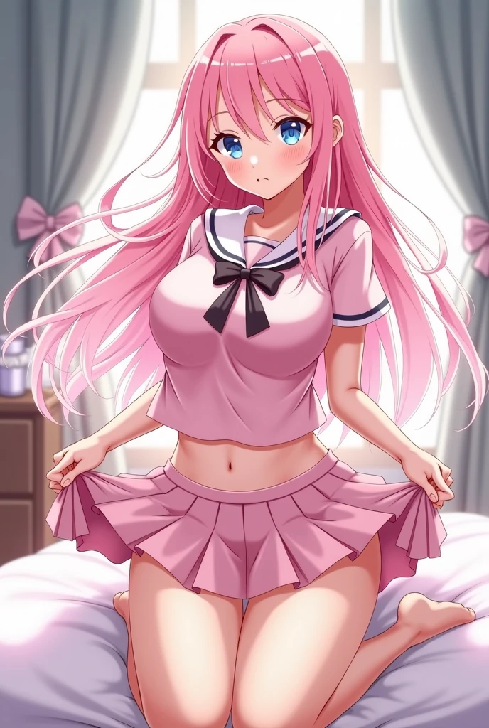 Clear painting style、beautiful girl、16 years old、Girly Hair、Pink Room、Girly Fashion、Pleated skirt、Knee socks、Highest quality, smile,Spread your legs and get on all fours、girly panties、Girly Bra、Sweaty crotch、Low Angle、Cowboy Shot、Put your hands on your bra