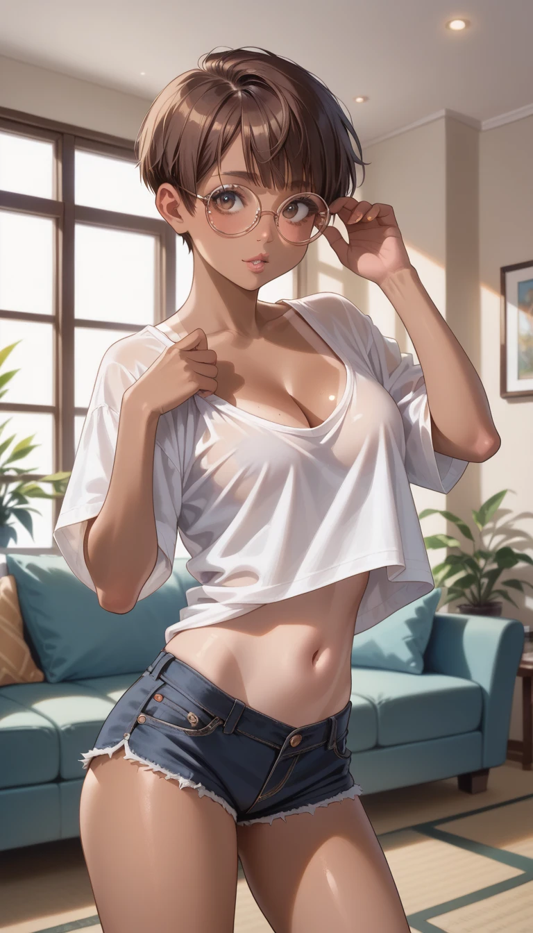 Hotel at night,Inside the room,whole body,30-year-old woman,Slender body,She is wearing heavy makeup,She wears glasses,Brown short bob hair,anger,Glare,Severe,(She is wearing a mask,She has a shoulder bag,Y-shirt,Denim Leggings,sneakers)