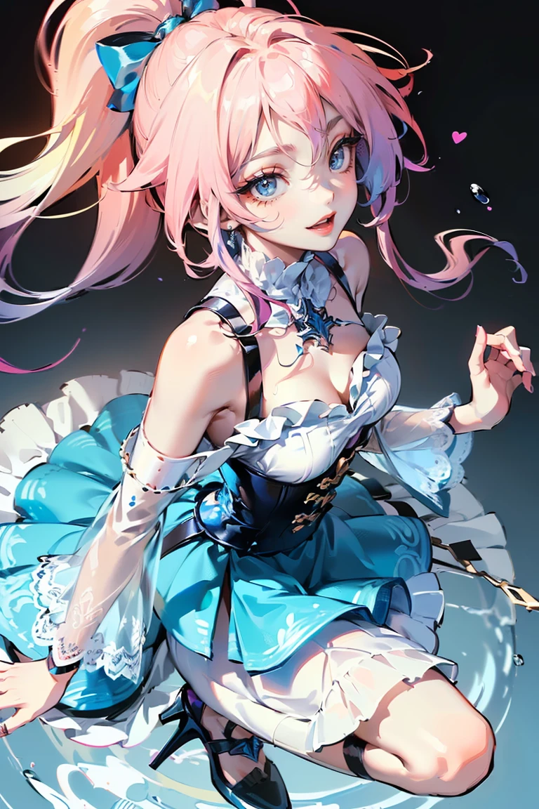a cute girl with blushing face, intricate braids, piercing blue eyes, ribbon, sparkling effects, pink hair, highly detailed, photorealistic, 8k, masterpiece, cinematic lighting, lush environment, vibrant colors