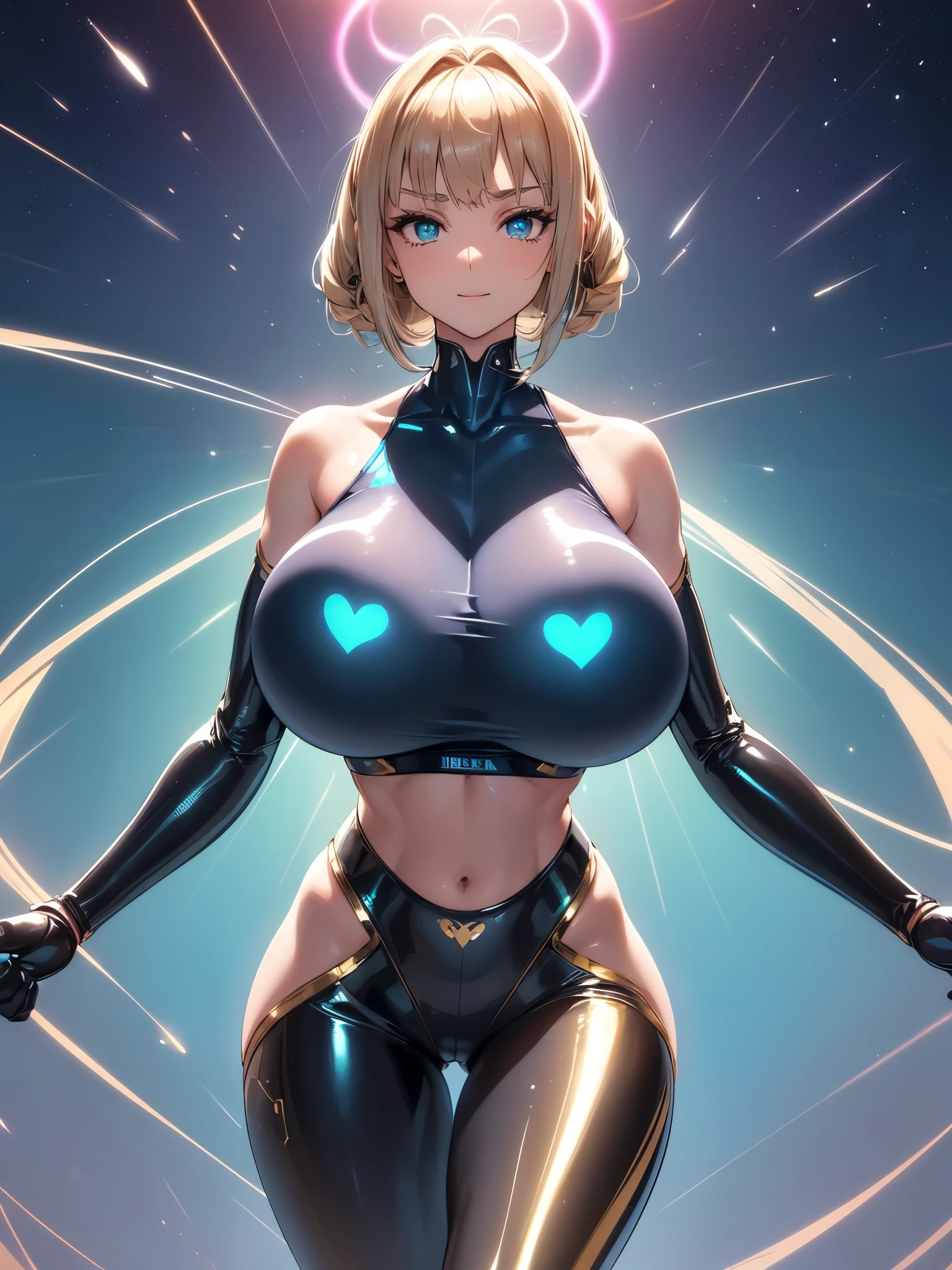 (((masterpiece))), (((best quality))), ((ultra-detailed)), (illustration), ((an extremely delicate and beautiful)), ((super detail)), ((high resolution)), (((20 years old))), ((metallic cloth)), (cheerleader), (super heroine), (android), delicate metal decorations, gleaming skin, shiny body, two legs, breast focus, (((tall))), slender legs, ((big round eyes)), cute eyes, drooping eyes, ((adult)), two hands, five fingers, no extra hands, elegant smile, braid, ((metallic blue)), (see-through), (dark blonde), (((ultra-huge breasts))), (shining brightly), outdoor, mini skirt, daytime, ((biopunk)), (hair shorter than shoulder), (medium length hair), gynoid, (latex competition swimsuit), city, ((midriff-baring outfit)),