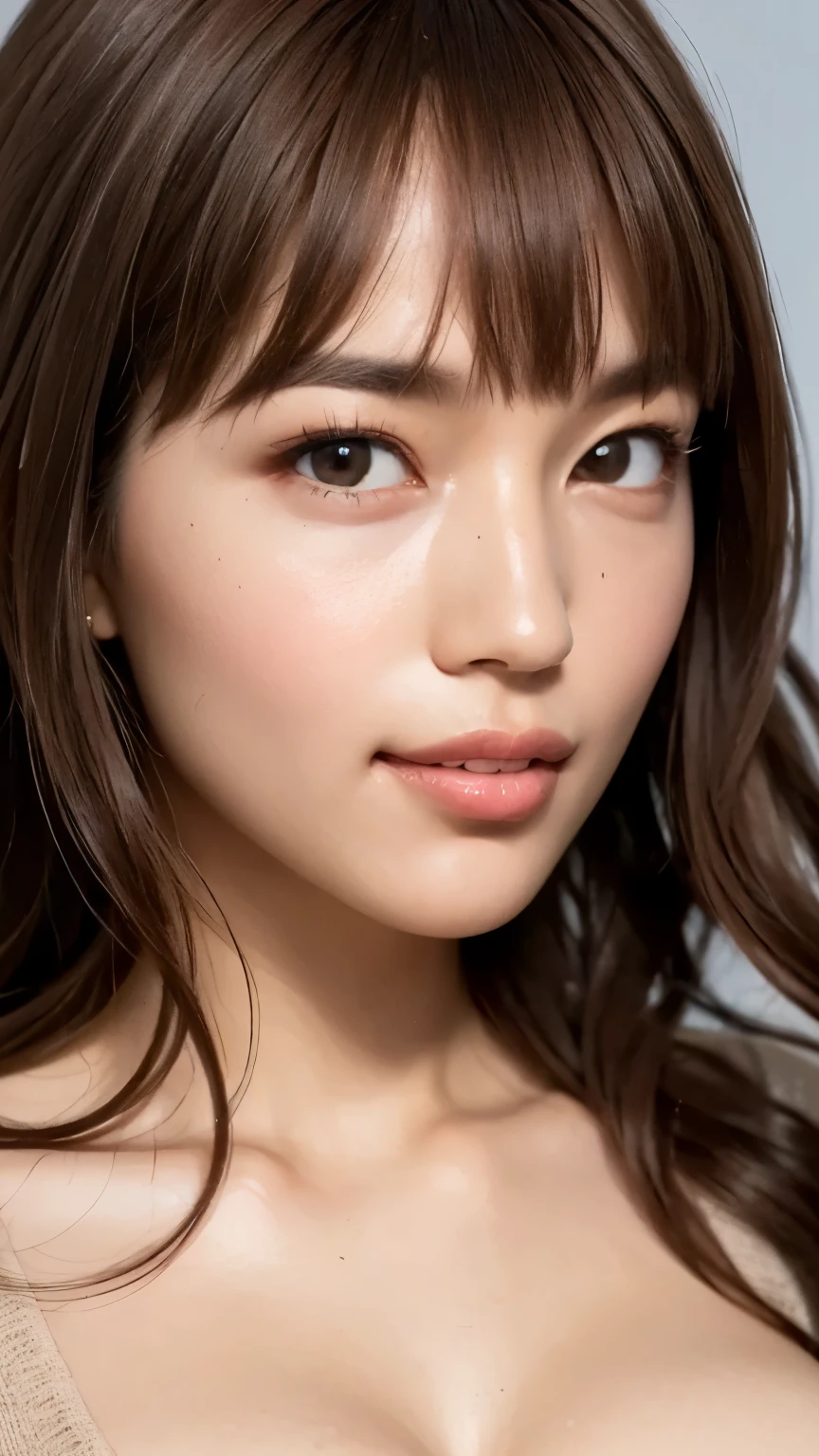 (Highest quality、Tabletop、8K、Best image quality、Award-winning works)、One Woman、、(nude:1.2)、(The simplest pure black background:1.3)、(Face close-up:1.6)、Accentuate your body lines、Beautiful and exquisite、(look straight at me:1.1)、(stand upright facing forward:1.1)、(The best smile:1.1)、(Perfect Makeup:1.1)、(Bright lipstick:1.1)、Ultra-high definition beauty face、Ultra HD Hair、Ultra HD Shining Eyes、(Closed lips:1.1)、super high quality, Vibrant and lustrous lip colour、Accurate anatomy、Very beautiful skin、Ultra high resolution and beautiful, Glowing Skin、An elegant upright posture when viewed from the front